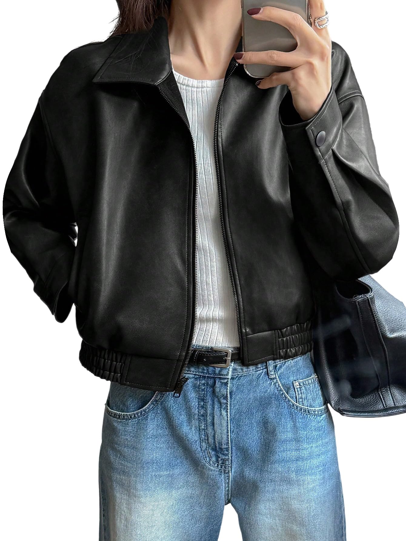 GORGLITTER Veste Y2k en cuir synthétique pour femme - Col montant - Veste d'automne à manches longues - Veste de loisirs avec poches - Veste de transition ample