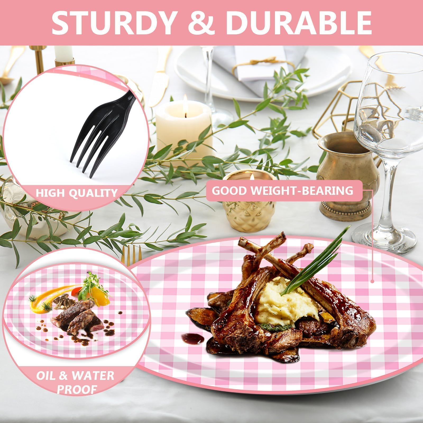 ZOIIWA Picknick-Teller – 48 Stück, Rosa-weiß Kariert, 7 Zoll (ca. 18 Cm), Aus Papier, Für Geburtstag, Grillen, Outdoor-Partys