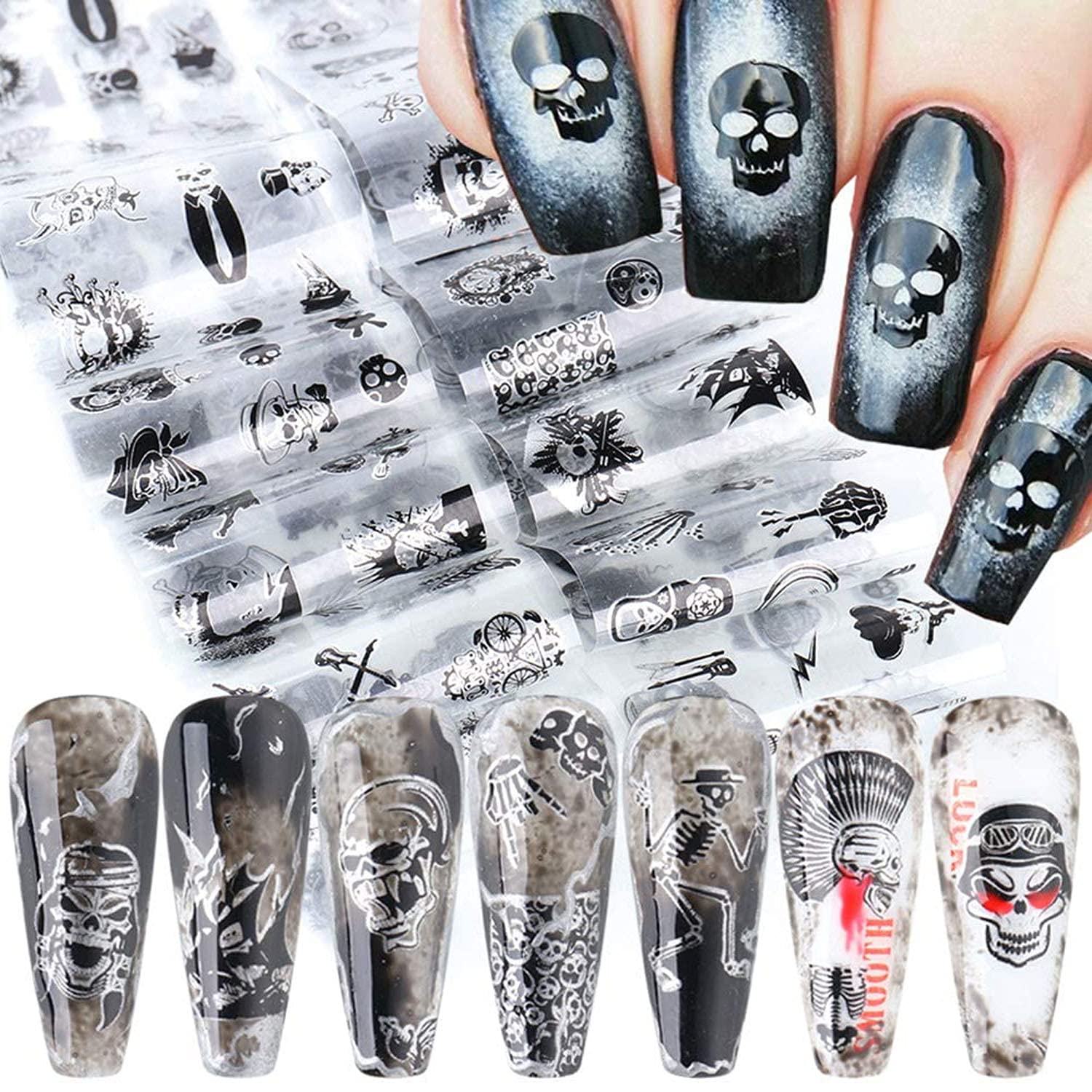 Skull Nail Art Foil Transfer Stickers Nail Art Supplies Transfers Foils Holographic Starry Sky Foil Adhesive Decals Dark Style Skull Design Nail Art Stickers for Acrylic Nails Manicure Tip Decor 10Pcs