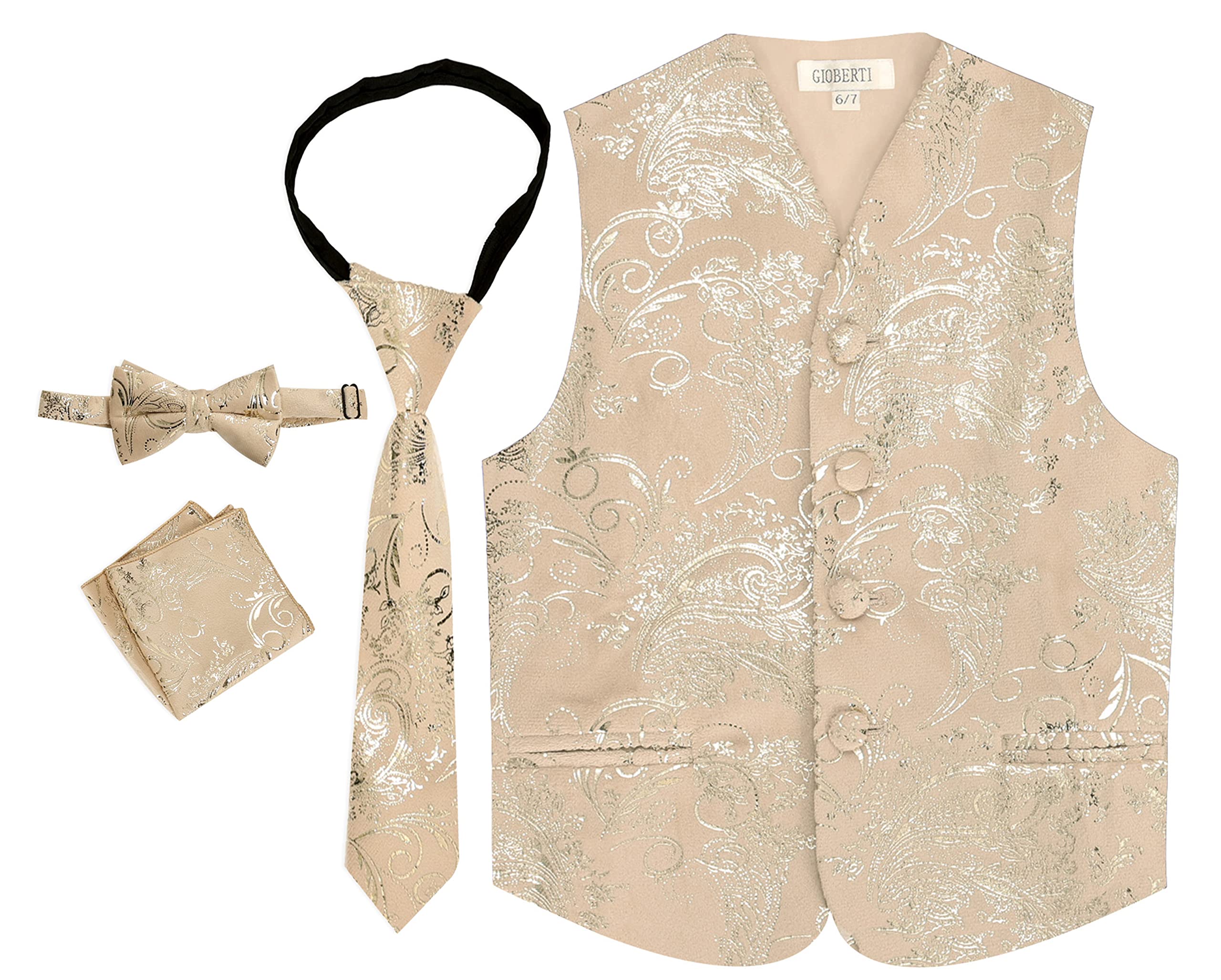 Gioberti Kids and Boys 4pc Paisley Vest Set - Vest, Bowtie, Tie, Pocket Square