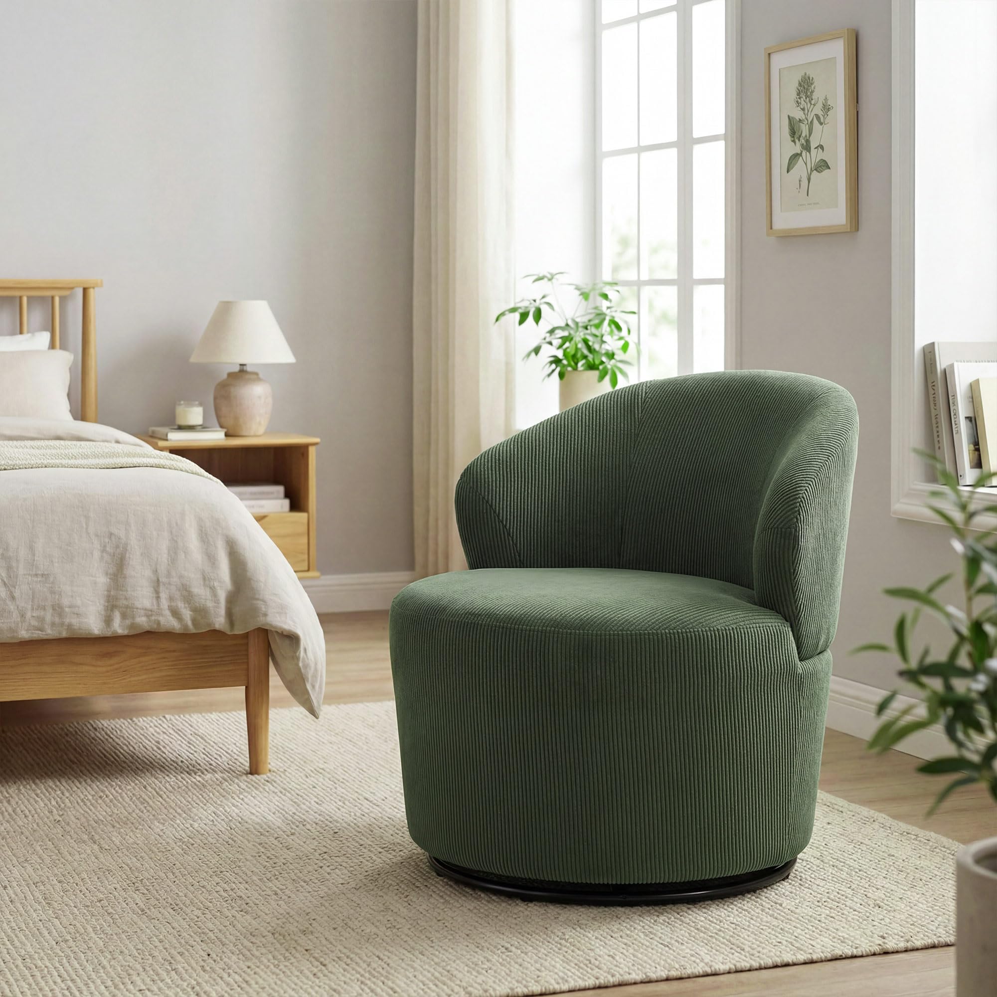 HOMCOM Sessel Drehbar Loungesessel mit Breitem Sitz Moderner Polstersessel mit Geschwungene Rückenlehne und Dicker Polsterung Relaxsessel mit Cord-Optik für Wohnzimmer, Schlafzimmer, Grün