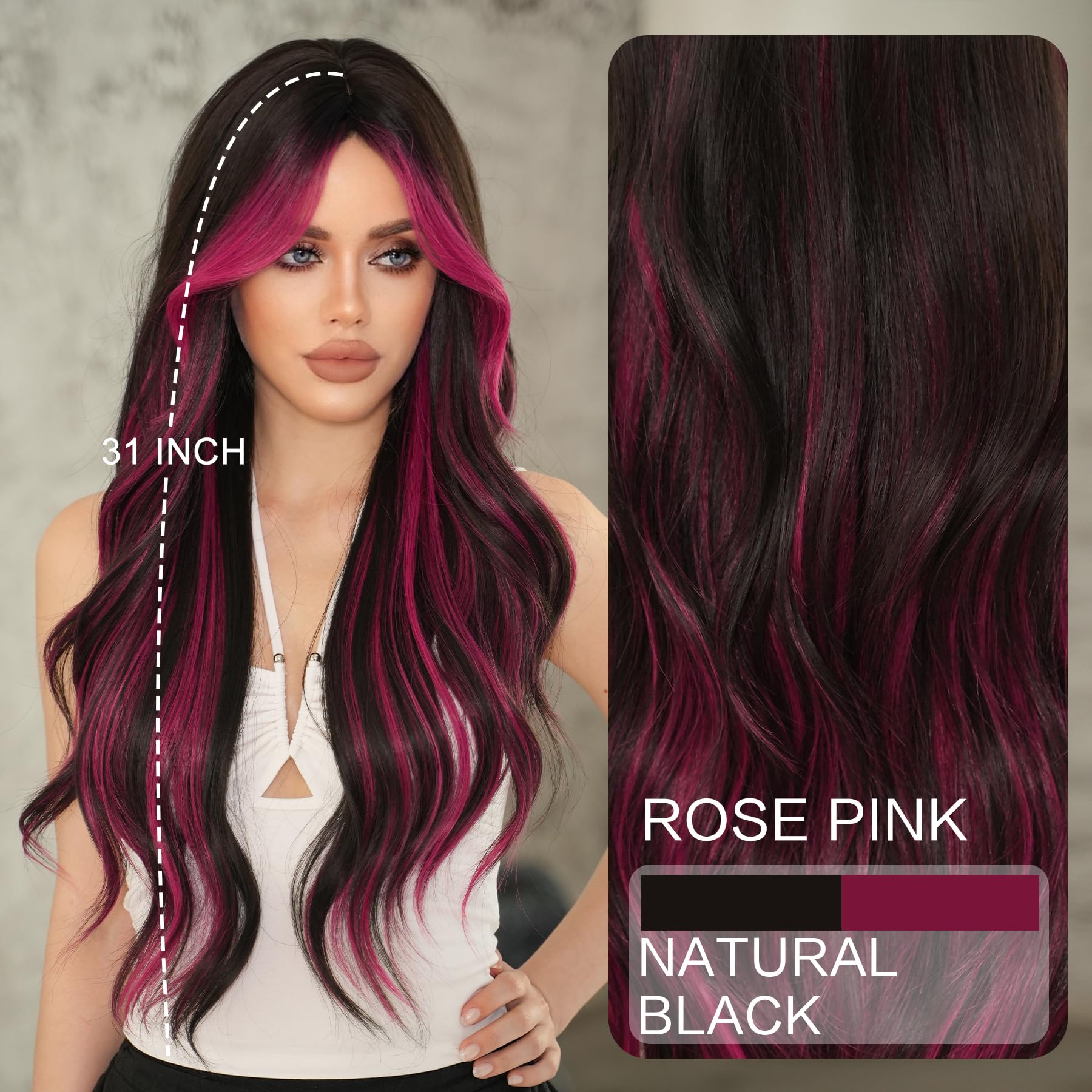 Amazon.com : 7JHH WIGS 32in Natural Black Long Wavy Rose Pink