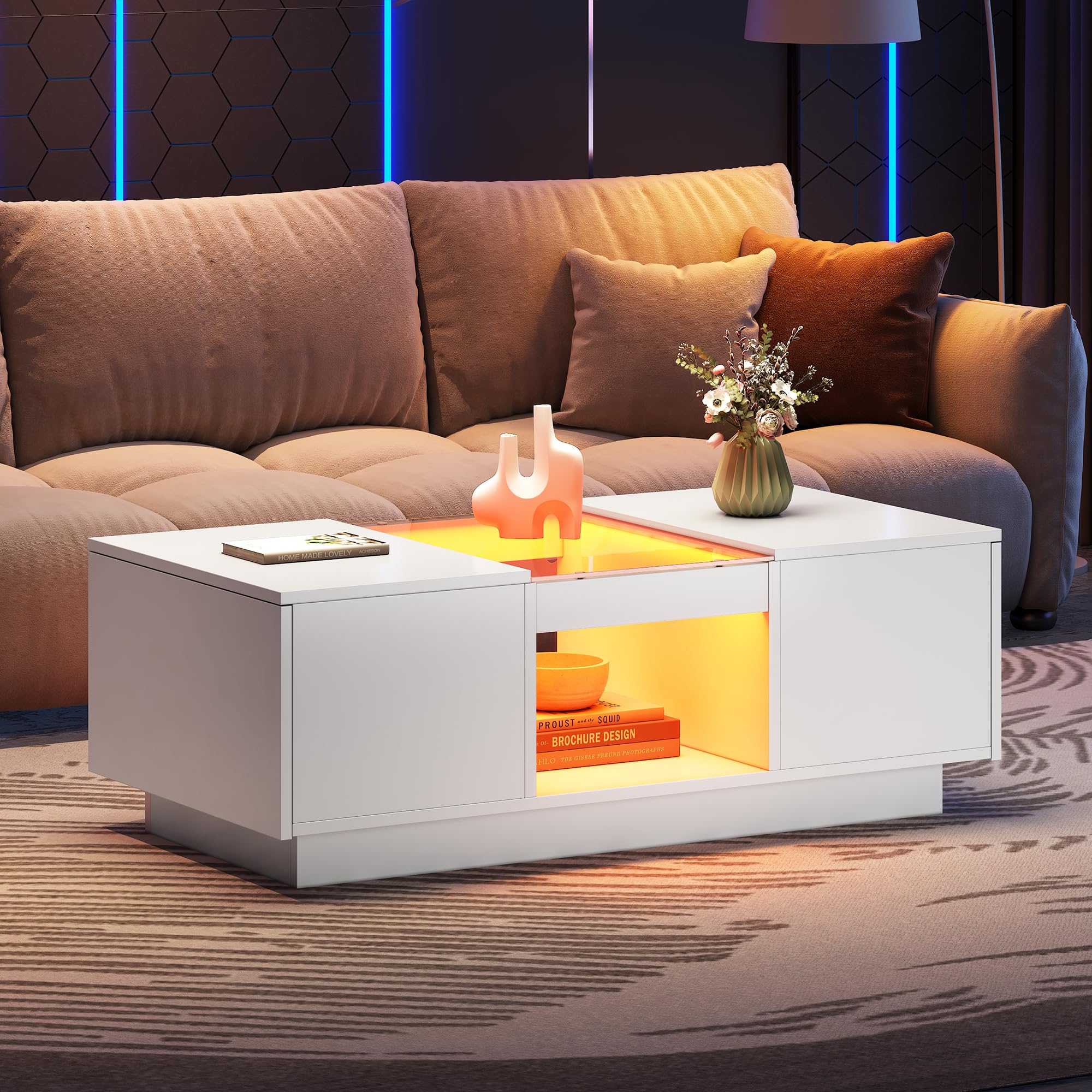 ModernLuxe LED Coffee Table for Living Room, Modern Center Table with LED Lights,Tempered Glass Top,2 Tiers & 2 Drawers,Stylish Storage Coffee Table White, 100 x 50 x 35.5 cm — image 1