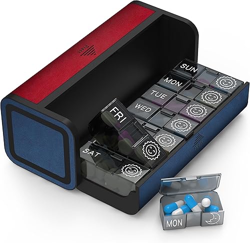 TALVOLC M Organizador de píldoras semanal, 2 veces al día para 7 días, caja de medicina de cuero, contenedor diario de viaje para vitaminas y
