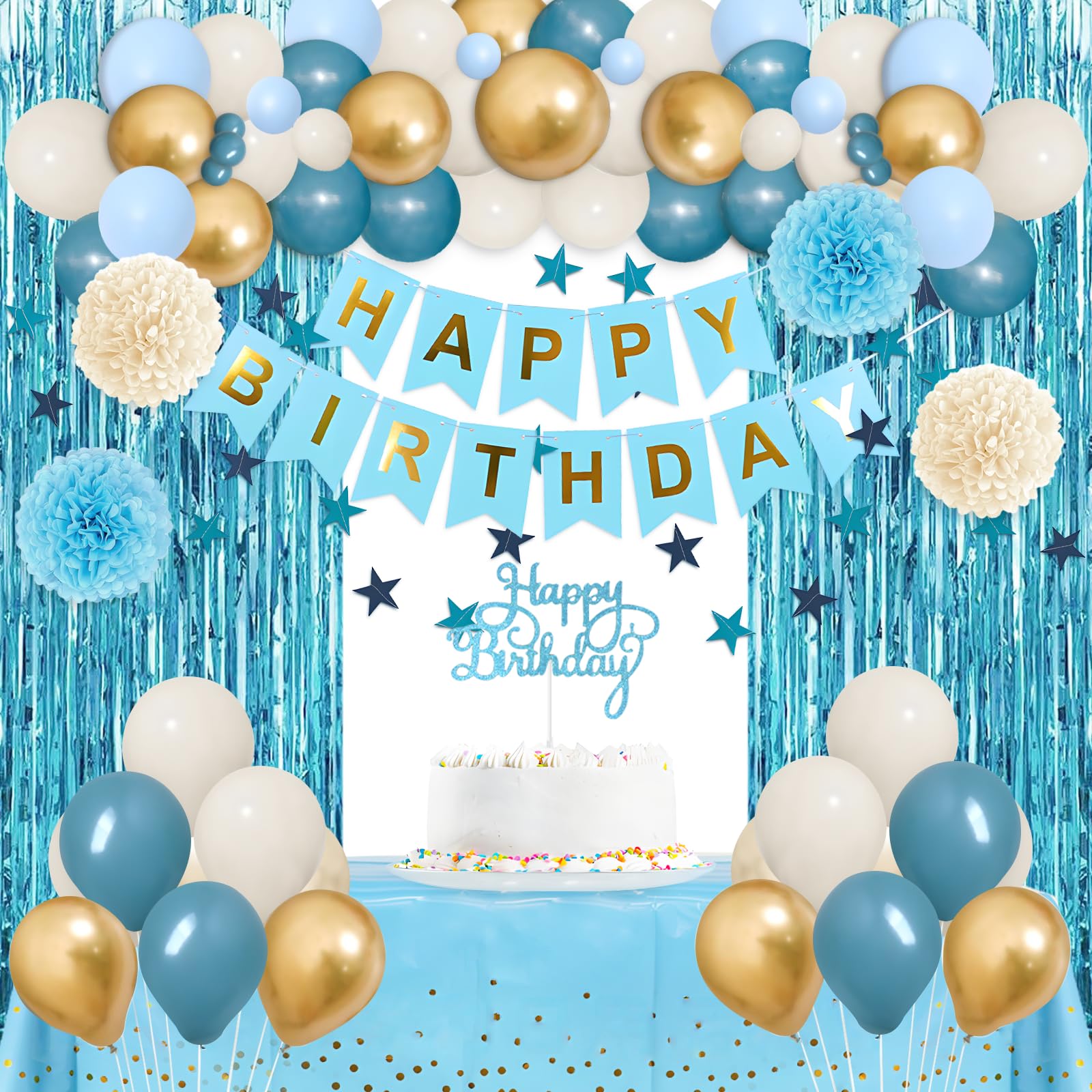 Blue Birthday Decorations, Dusty Blue White Sand Gold Balloons Fringe Curtain Happy Birthday Banner Tablecloth Paper Pom Poms for Kids Men Women Boys