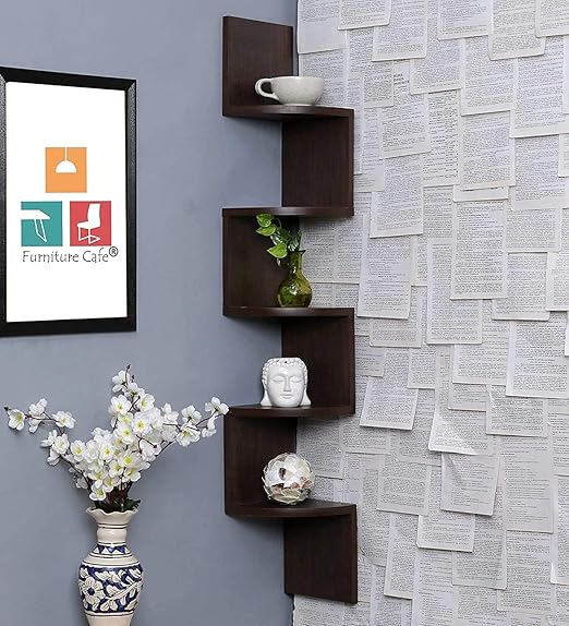 Furniture Cafe Wooden Wall Shelves | Corner Hanging Shelf for Living Room Stylish | Zig Zag Home Decor Floating Display Rack Storage Organizer Unique Design with Finish 5 Tiers (Brown Finish) at Rs. 549