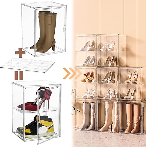 Miniatura 2 de Attelite Exhibición transparente XXXL contenedores de almacenamiento apilables de plástico con tapa, 2 niveles para botas y zapatos organizadores