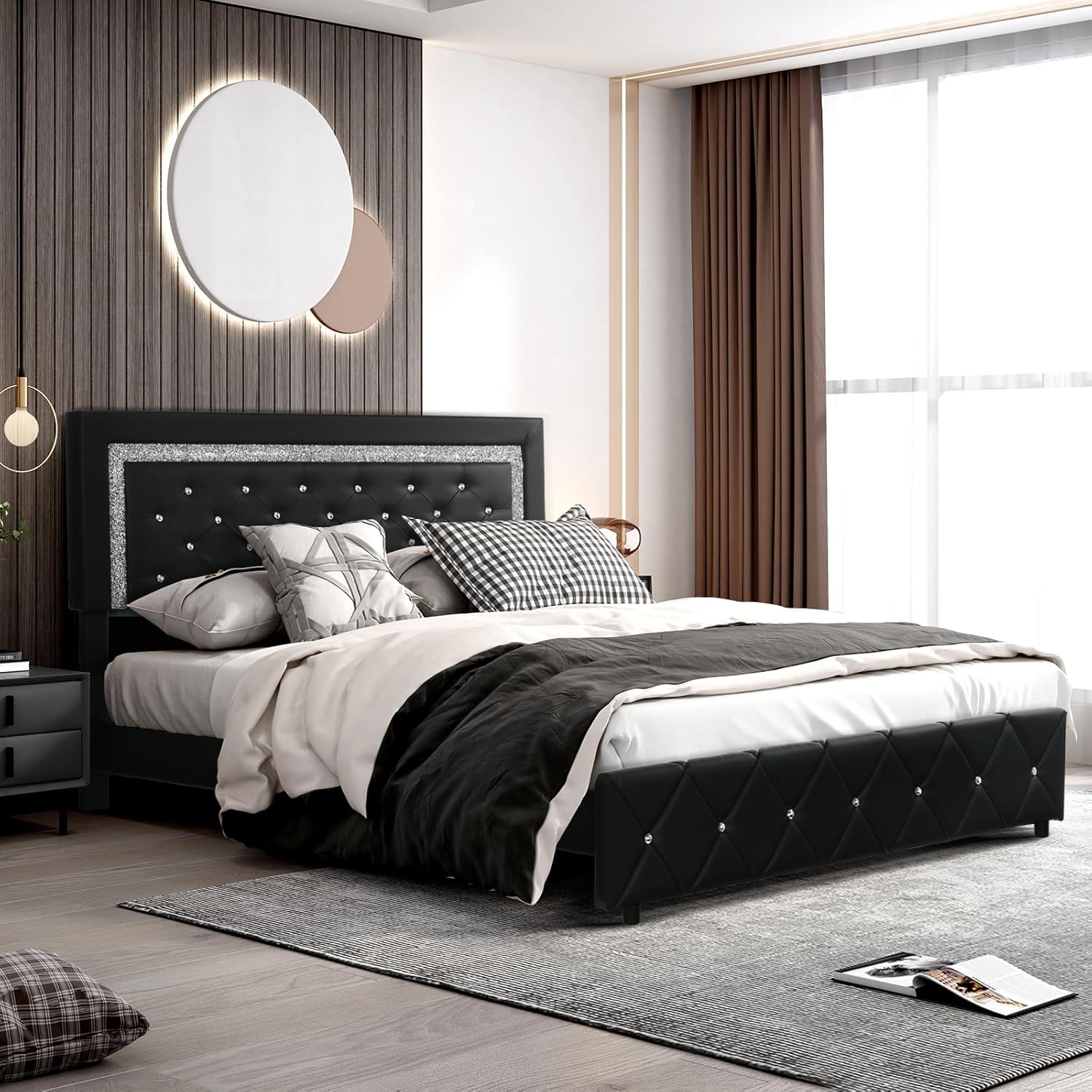 Amazon.com: 4 EVER WINNER Full Size Bed Frame with Adjustable Diamond Headboard, Upholstered PU ...