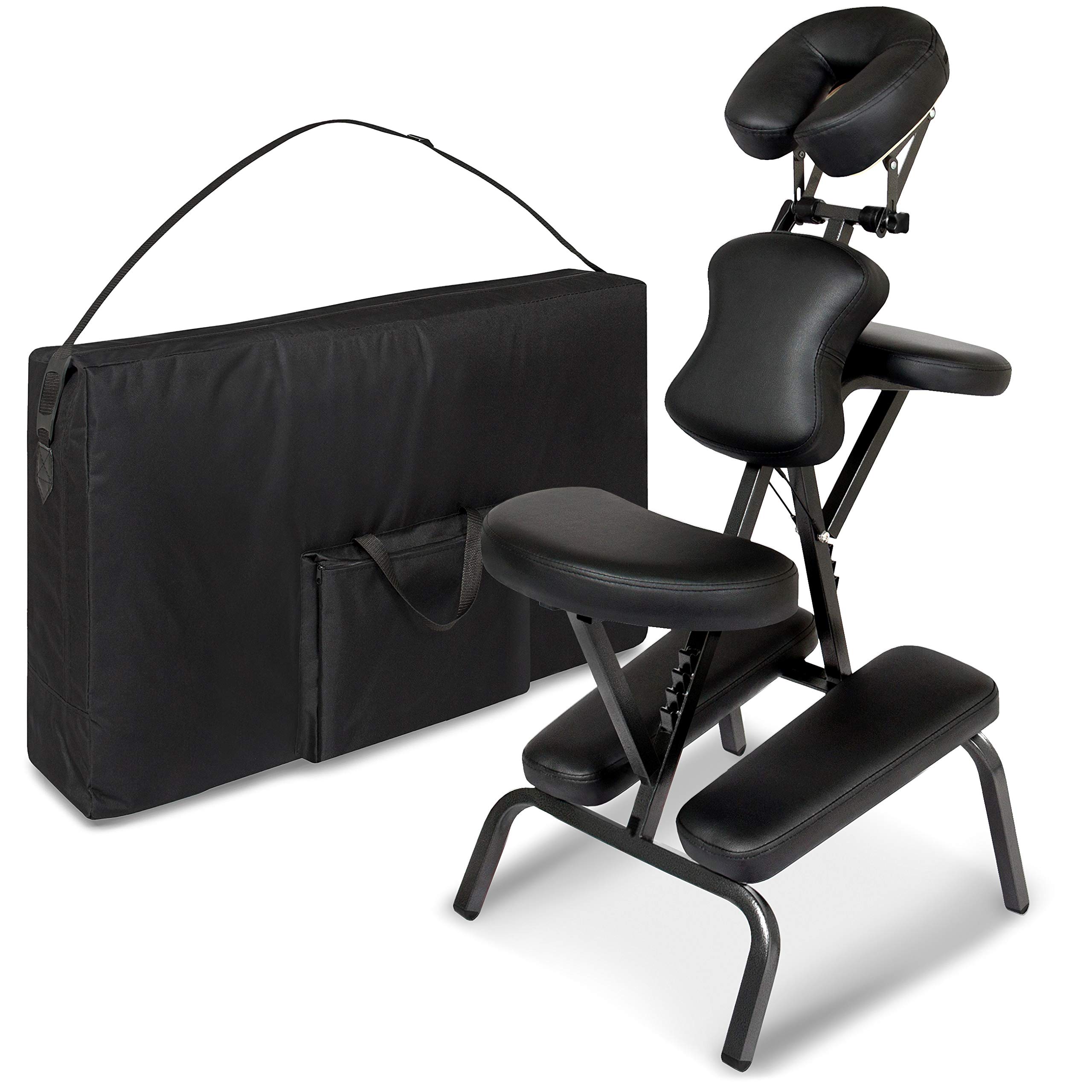 Professional Massage Chairs Portable with Carrying Case, Face Cradle Lightweight 20Lb. Folding Therapist Massage Seat Cushion for Taking On the Go. Foldable Durable Design 350Lb Capacity Black Leather