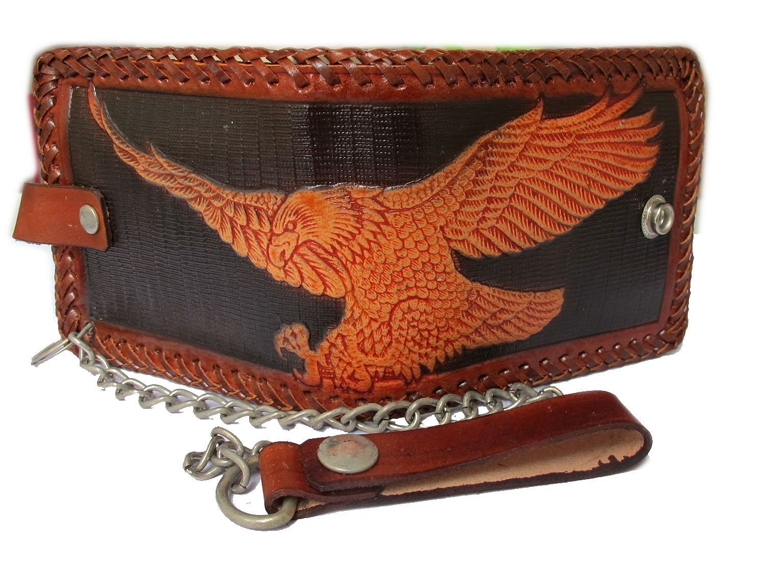 Biker/Trucker Cowhide Leather Bifold Chain Men's Wallet with Stitch Edge/Brown from Thailand