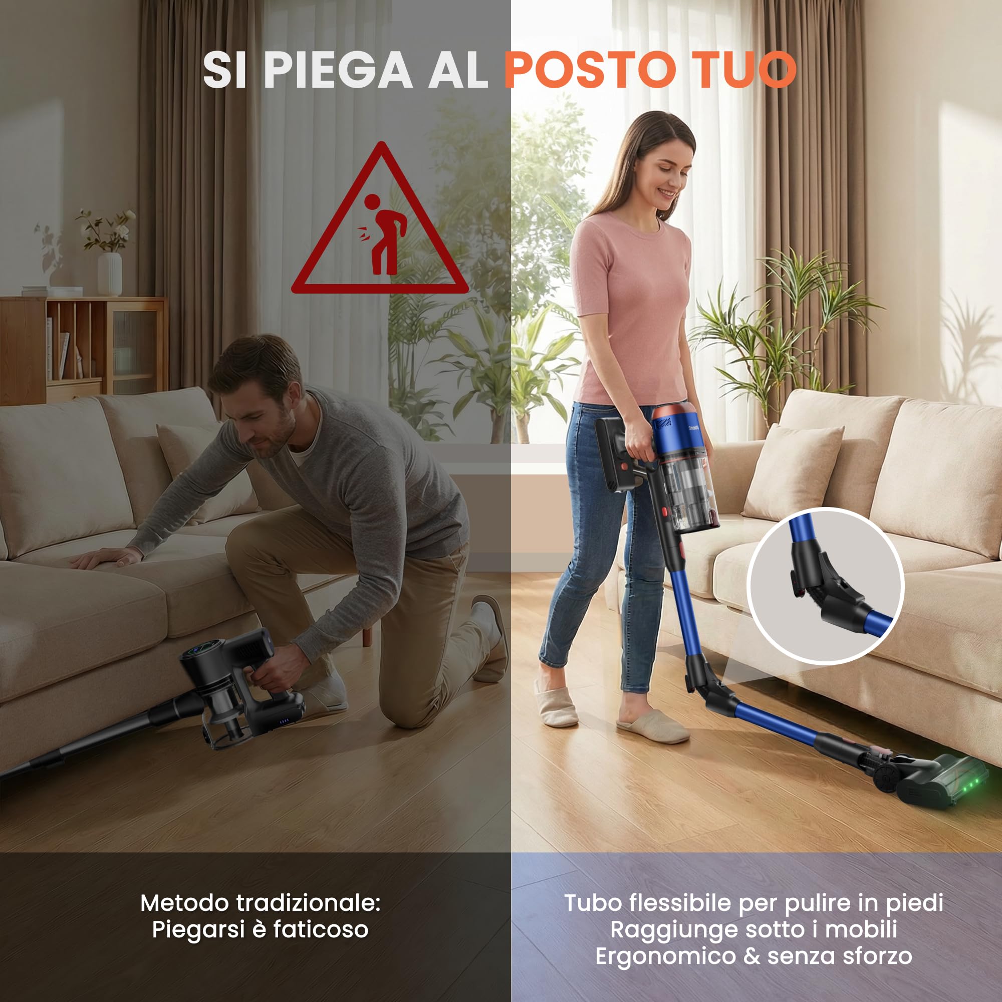V15 Ultra Aspirapolvere Senza Fili 58000Pa/600W/75Min, Doppio Contenitore 1,8L, Tubo Flessibile, Spazzola a V Anti-Groviglio, per Pavimenti/Tappeti/Peli Animali
