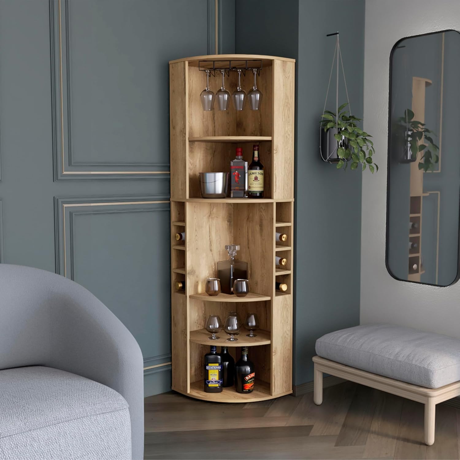 Corner Bar Cabinet with Five Shelves, Eight Bottle Cubbies and Steamware Macadamia
