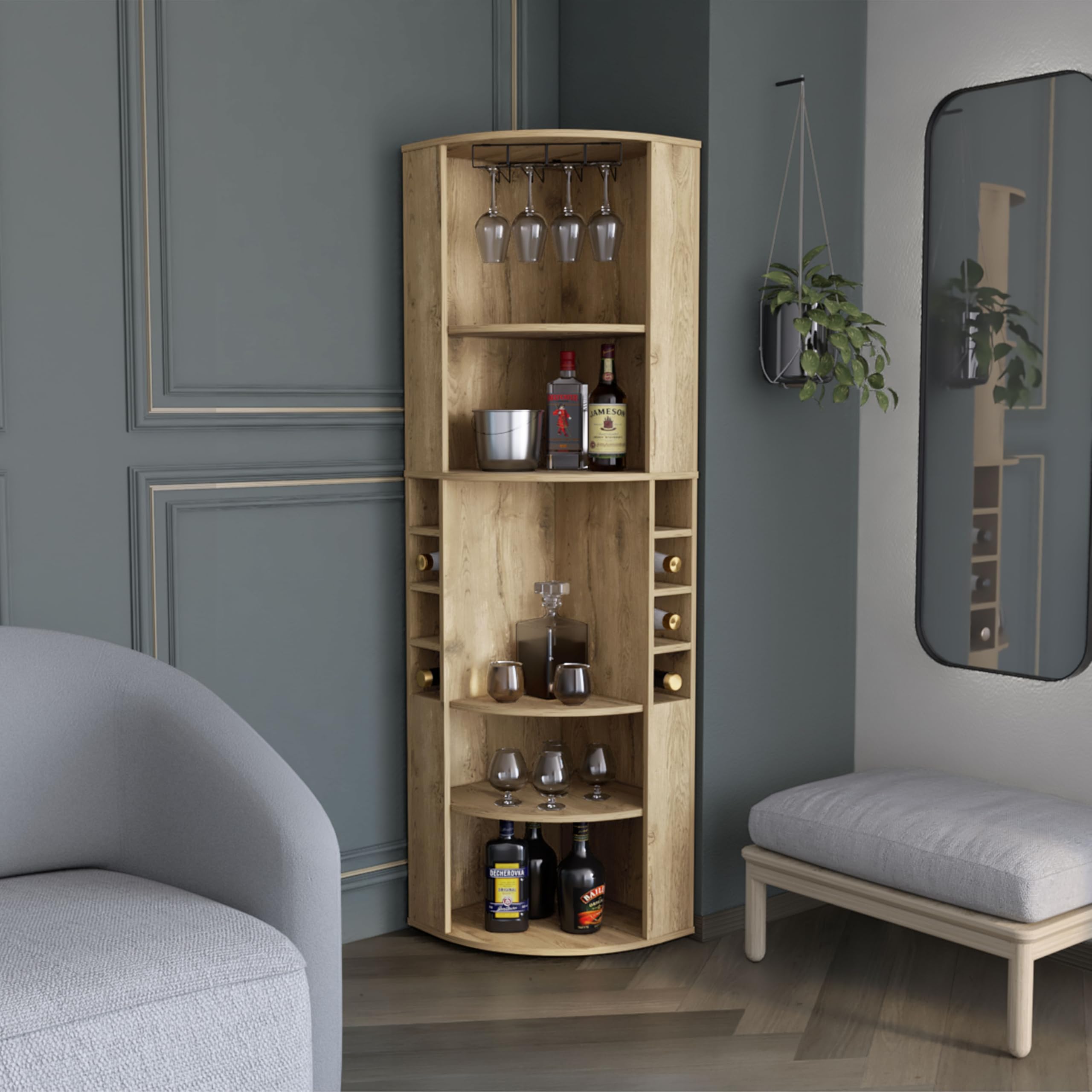 71" Corner &amp; Steamware Bar Cabinet, Bistro Cabinets with 8 Bottle Cubbies, Pantry Cabinet with 5 Spacious Shelves for Home Bars, Beige