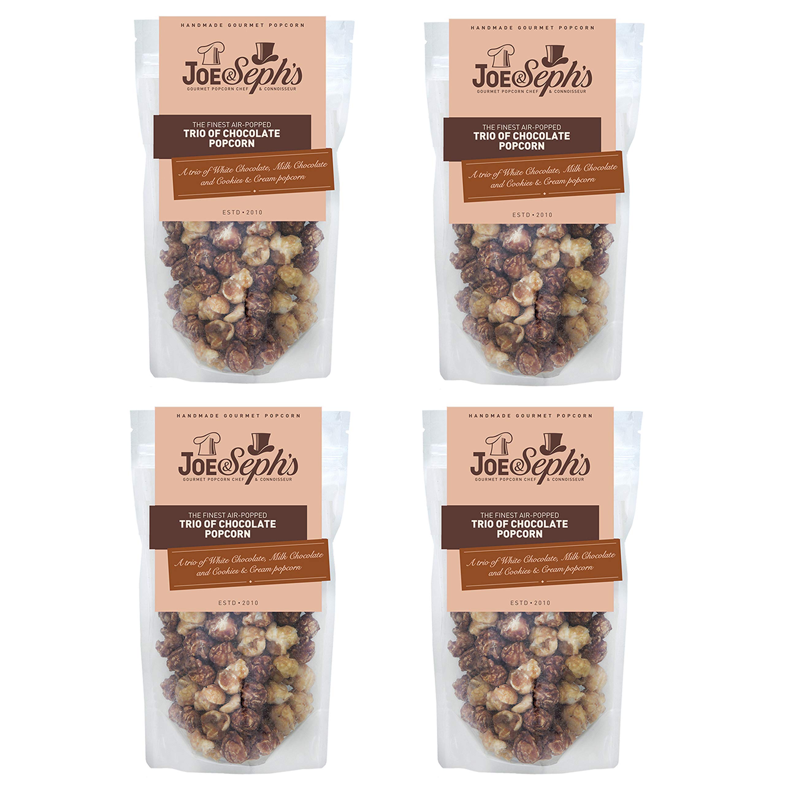 Joe & Seph's Trio of Chocolate Popcorn (4 x 80g) – Premium Air-Popped Corn with Chocolate Coating, Sweet Sharing Snack for Film Nights and Celebrations