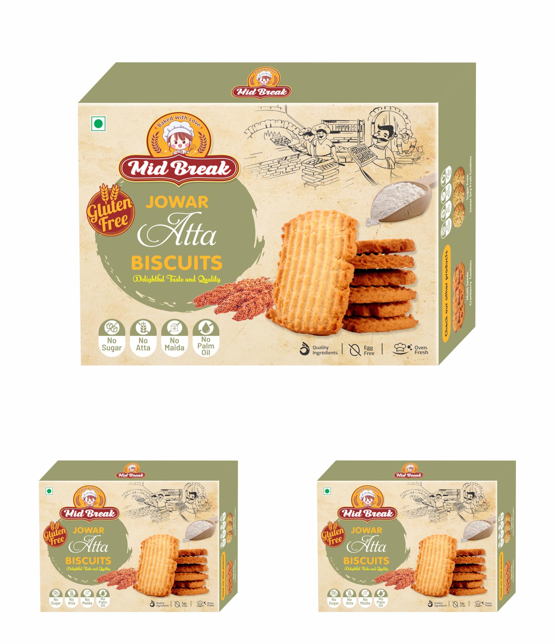 Mid Break Jowar Atta Biscuits | Millets Cookies | Gluten Free | Maida and Egg Free Biscuits Snack With No Added Sugar & Palm Oil | Oven Fresh Biscuits | High In Fiber, Protein & Wholesome Nutrition | 600g | Pack of 3 (B0DC67X256) Amazon Price History, Amazon Price Tracker