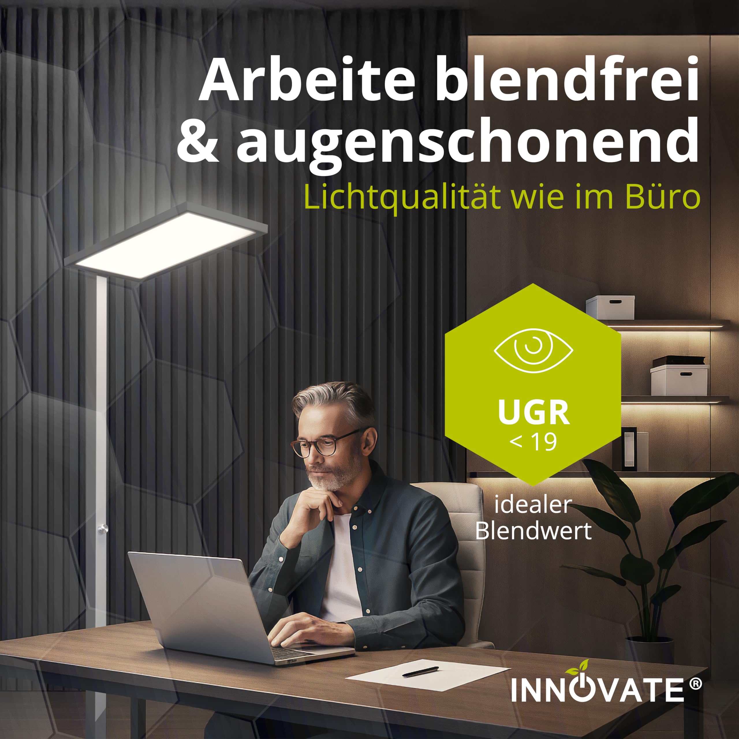 INNOVATE LED Stehlampe Büro Dimmbar 7500lm UGR< 19 80W Deckenfluter Silber | Tageslichtlampe Schreibtisch Stehlampe Dimmbar I Stehlampe LED Home Office Schreibtische & Arbeitsplätze Stehlampen