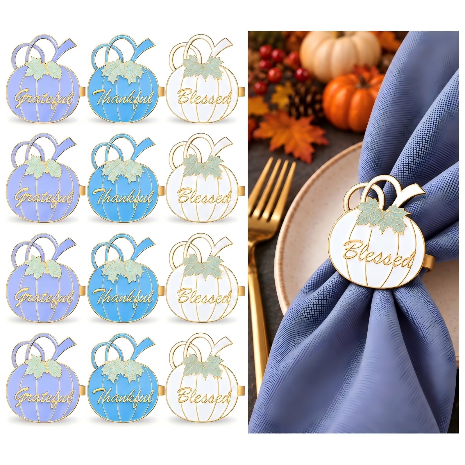 WILLBOND 12 Pcs Fall Thanksgiving Pumpkin Napkin Rings, Blue White