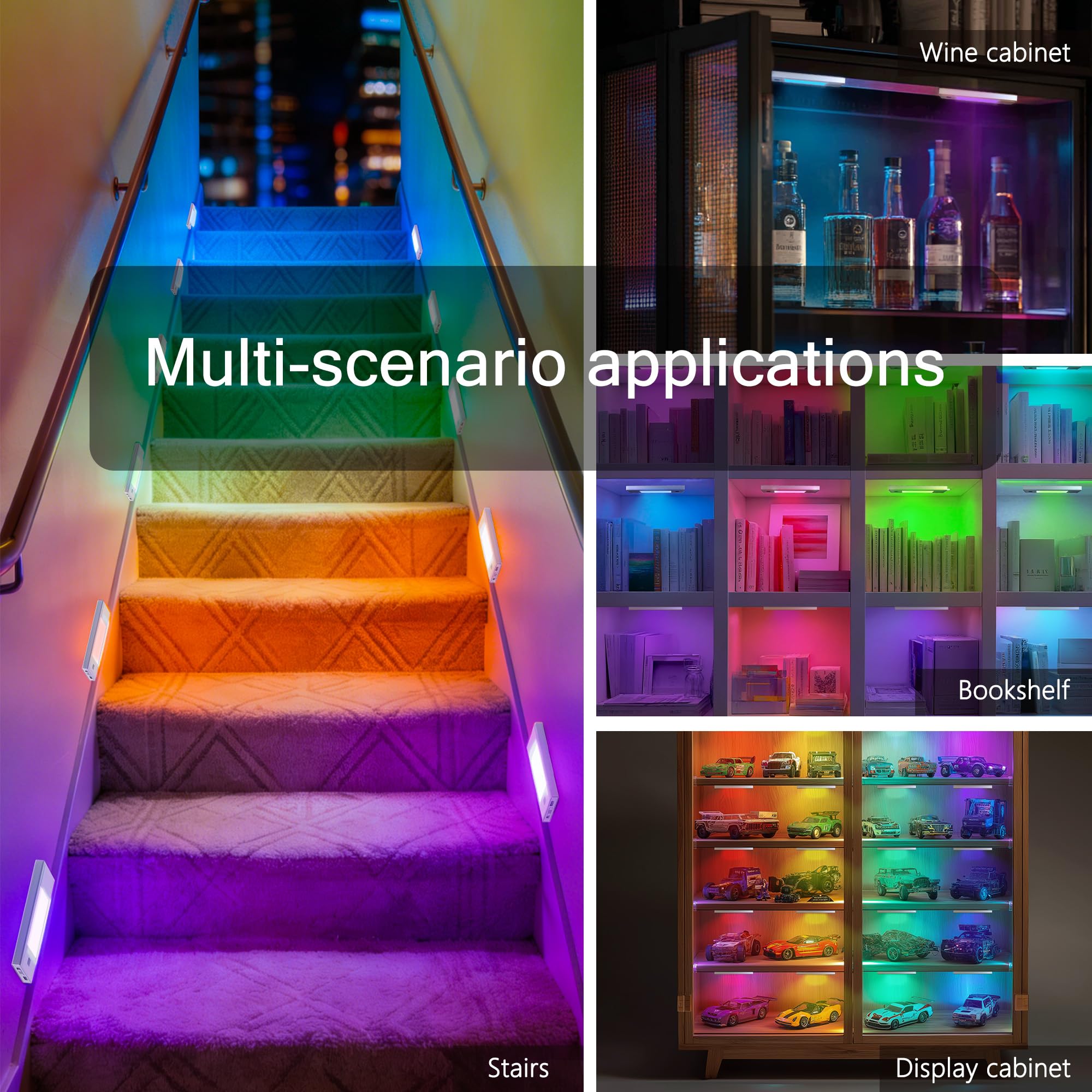 V4light Luz nocturna con sensor de movimiento RGB, luces de escalera recargables de 6 colores, luz LED magnética con apagado automático, control táctil, para pasillo, escaleras, vitrina (paquete de 6)