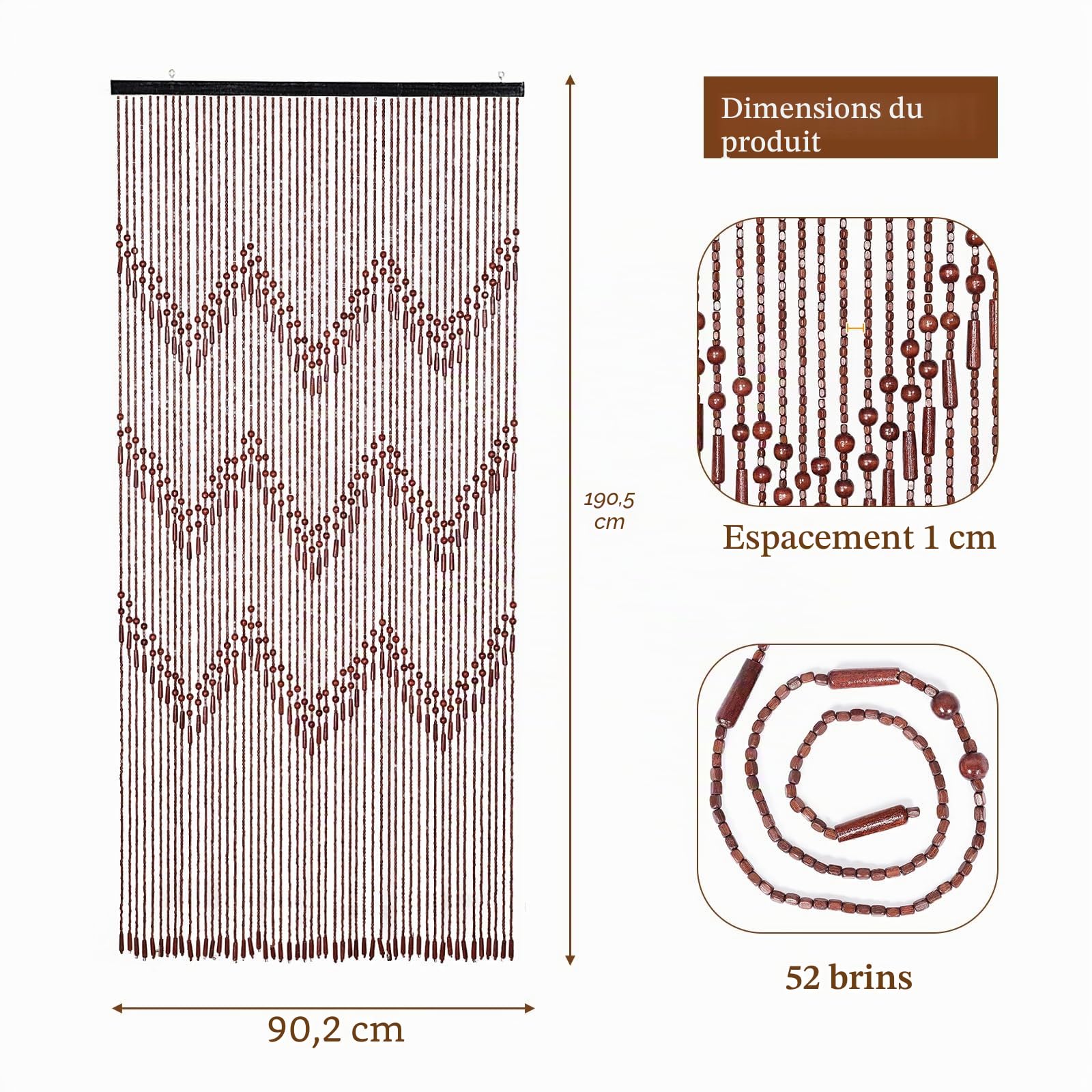Rideau de Perles Fait à la Main pour Porte en Bois de Bambou, séparateur de pièce à Suspendre, Rideau Hippie pour Couloir, fenêtre, décoration de Maison, Magasin, 90 x 190 cm, Marron