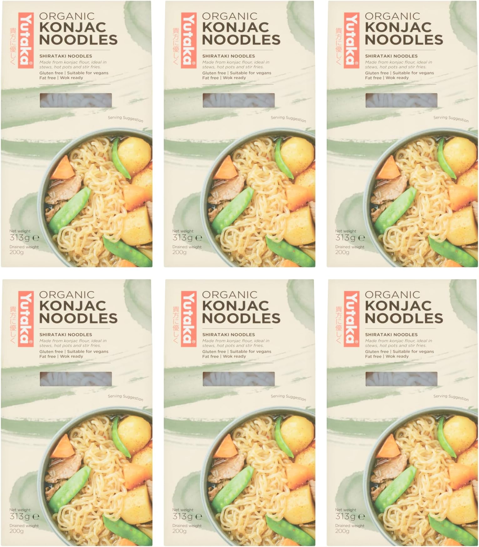 Yutaka - Organic Konjac Noodles 375g x 6 - Chinese Shirataki Noodles, Low-Calorie, Low-Carb - Made from Konjac Flour - Ideal for Stir-Fries, Soups, Salads, Stews & Hot Pots - Vegan & Gluten-Free
