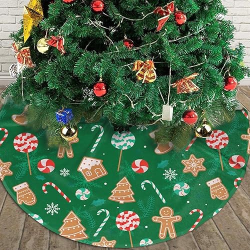 Miniatura 3 de Falda de árbol de Navidad verde con bastón de caramelo de hombre de jengibre, tapete de árbol de Navidad de 36 pulgadas, tapete de árbol de Navidad,