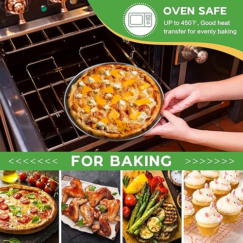 Miniatura 5 de P&P CHEF Juego de 3 moldes para pizza de 10 pulgadas, bandeja redonda de acero inoxidable para hornear pizza, platos de pizza para servir carne de