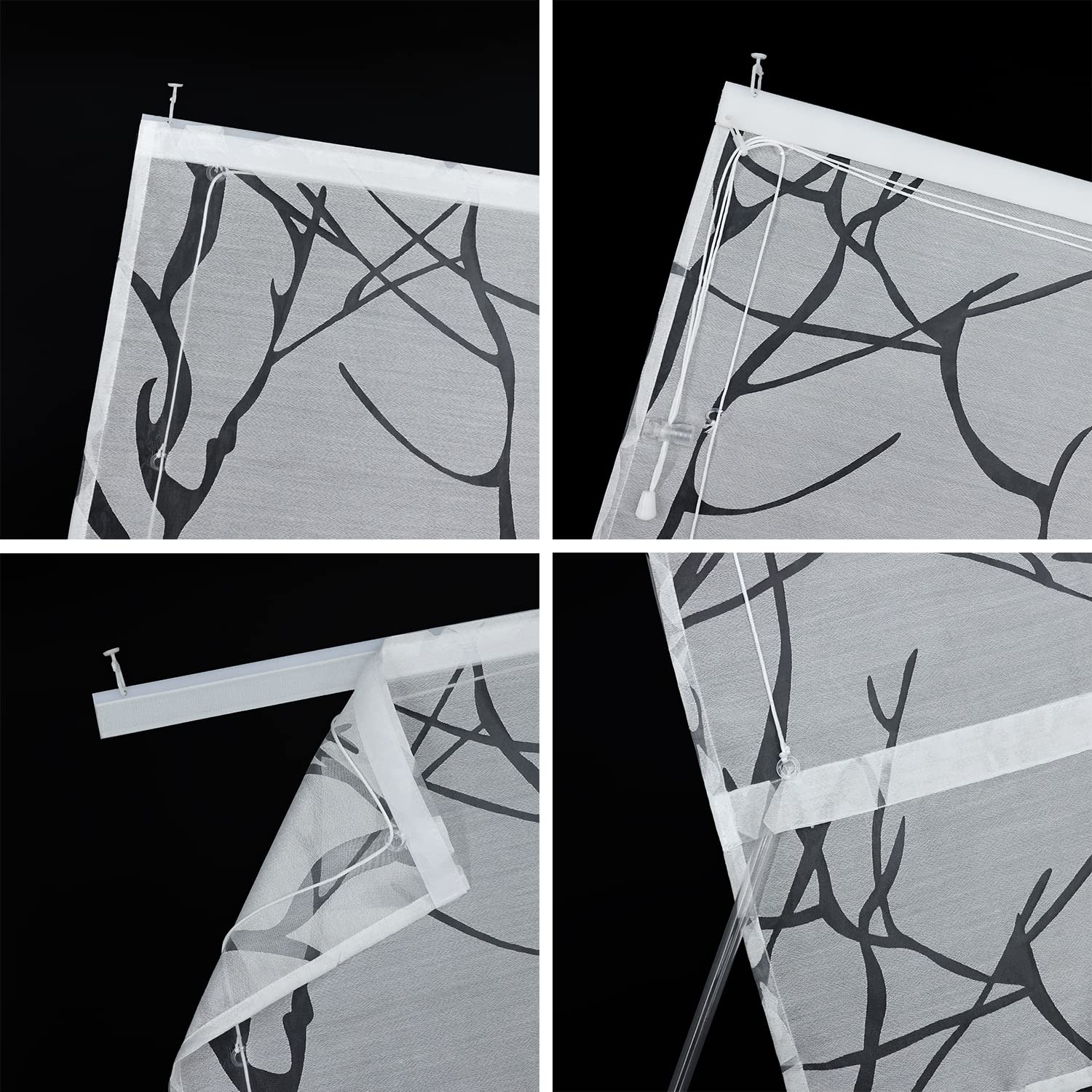 Heichkell Raffrollo mit Klettband Voile Raffgardine Ausbrenner Design Fenster Vorhang Transparent Rollos ohne Bohren Luftiger Gardinenschal Zweige Ausbrenner Weiß BxH 120x140cm