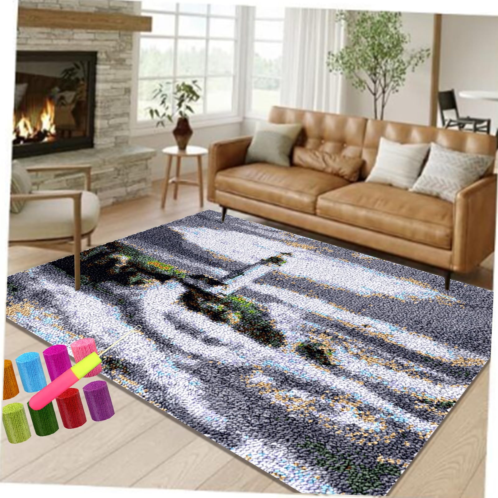 Kit de Tapis de Crochet à Point Noué Coussin au Crochets à Loquet Bricolage Création de Tapis à Crocher pour Adultes, Modèle de couleur pré-imprimé Kit de Fabrication de Tapis Point Noué 80 x 115 cm