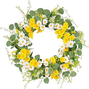 Summer Wreath for Front Door, 22 in Yellow White Daisy | Artificial Green Eucalyptus, Silk Wildflowers, Sage, Handmade Craft, Farmhouse Outdoor Indoor, Wedding, Home Decor