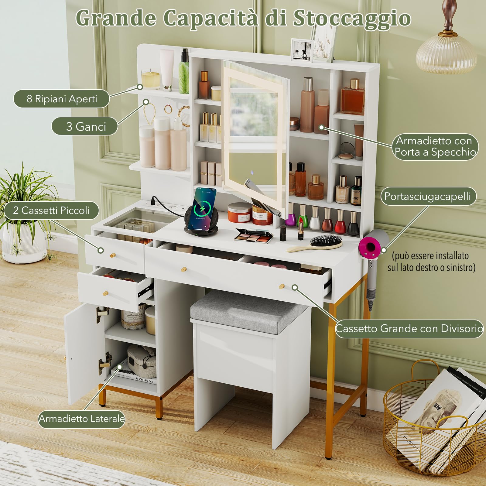 RELAX4LIFE Toeletta Trucco con Stazione di Ricarica, Luce LED a 3 Colori, Luminosità Regolabile, Grande Specchio HD, Tavolo da Trucco con Cassetti per la Camera da Letto (Bianco, 98 x 40 x 138,5 cm)