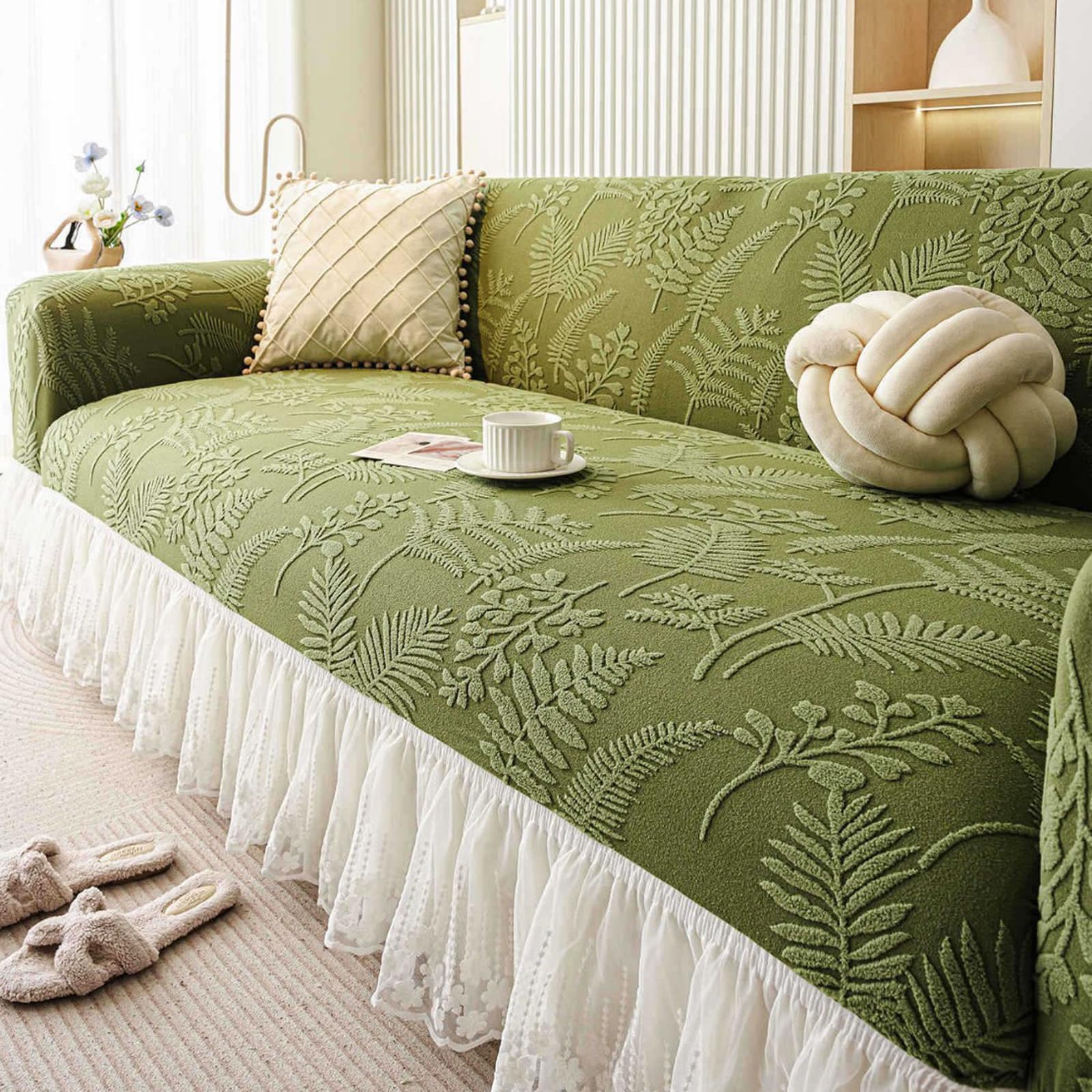 Yujoqup Green Stretch Sofa Covers With Skirt, Velvet Couch Covers 3 Seater Universal All-Inclusive Slipcover For Living Room Furniture(Size:4 Seater(235Cm-300Cm),Color:green)