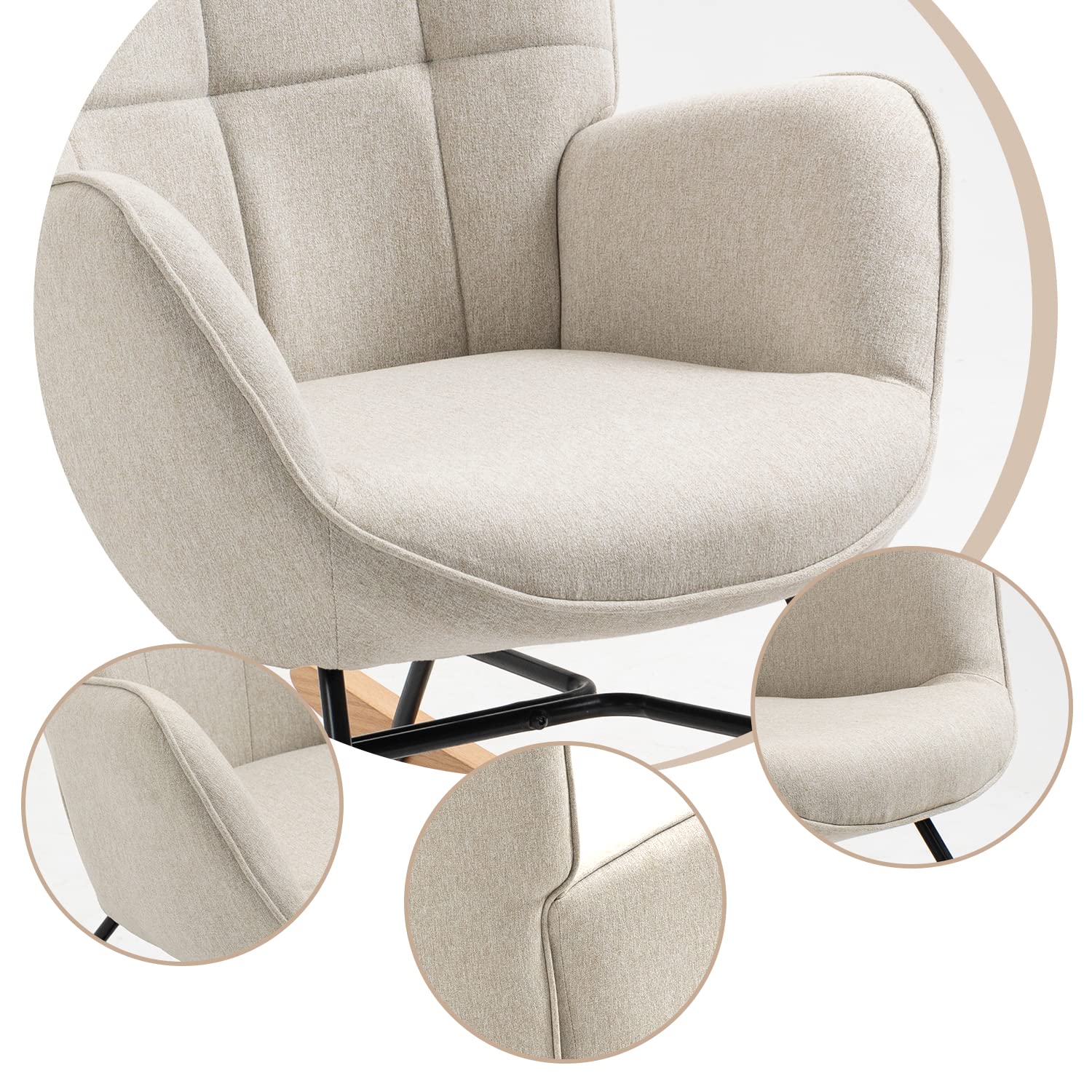 MEUBLE COSY Fauteuil à Bascule de Jardin, Chaise de Détente pour Terrasse et Balcon Couverts, Design Scandinave avec Pieds Bois et Métal, Tissu Non Imperméable