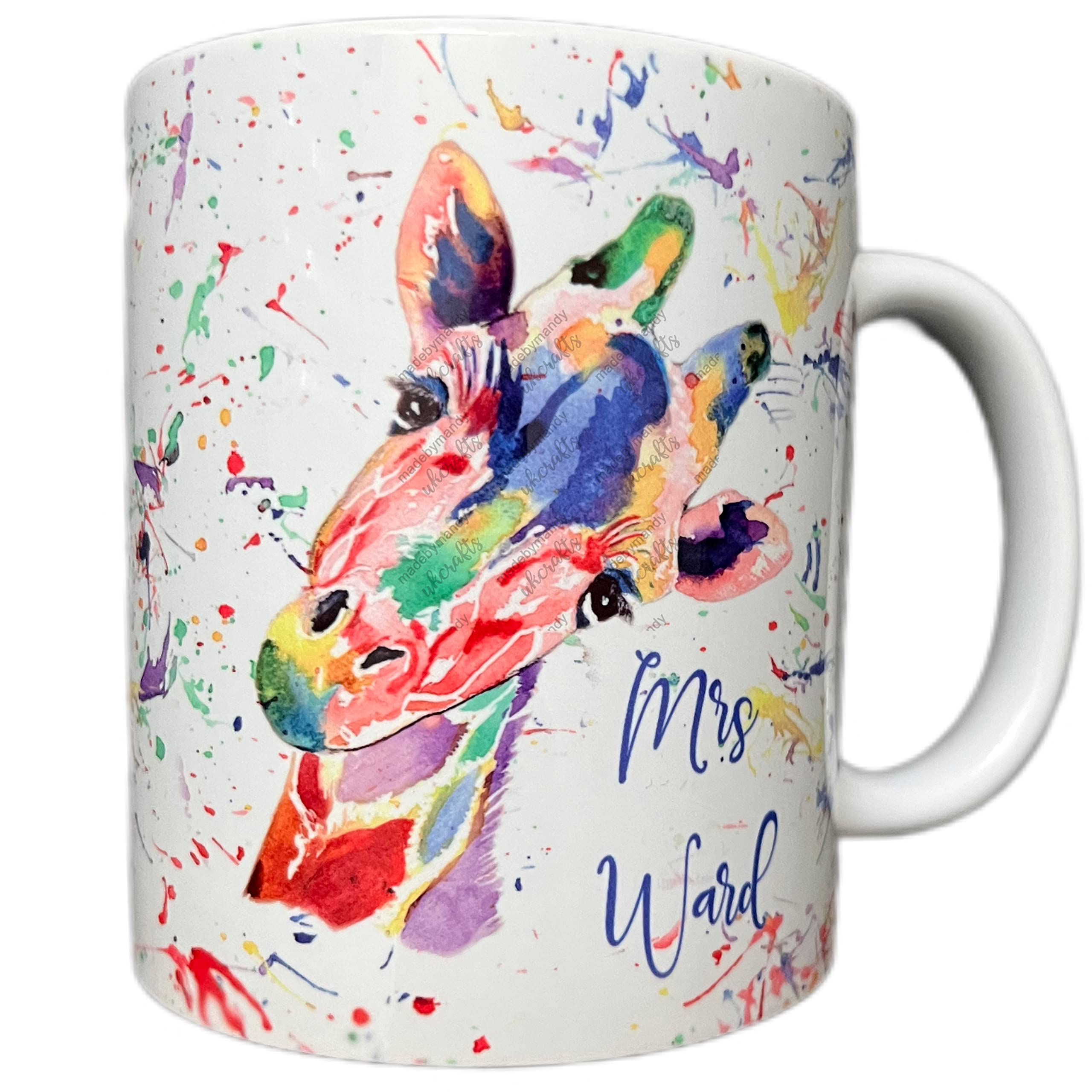Personalised - Giraffe themed 11oz coffee mug with splatter background - excellent gift for all occasions (White)
