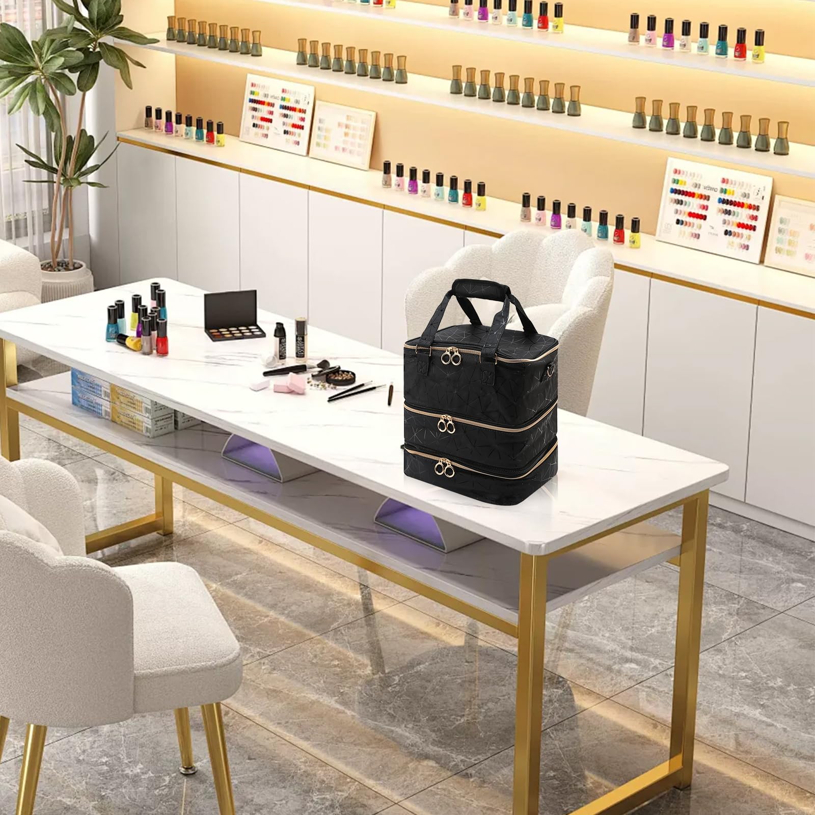 Organizer per Unghie di Grande Capacità per 84 Flaconi di Smalto e 1 Lampada a LED per unghie Borsa con Tracolla per Accessori per Nail Art, Nero