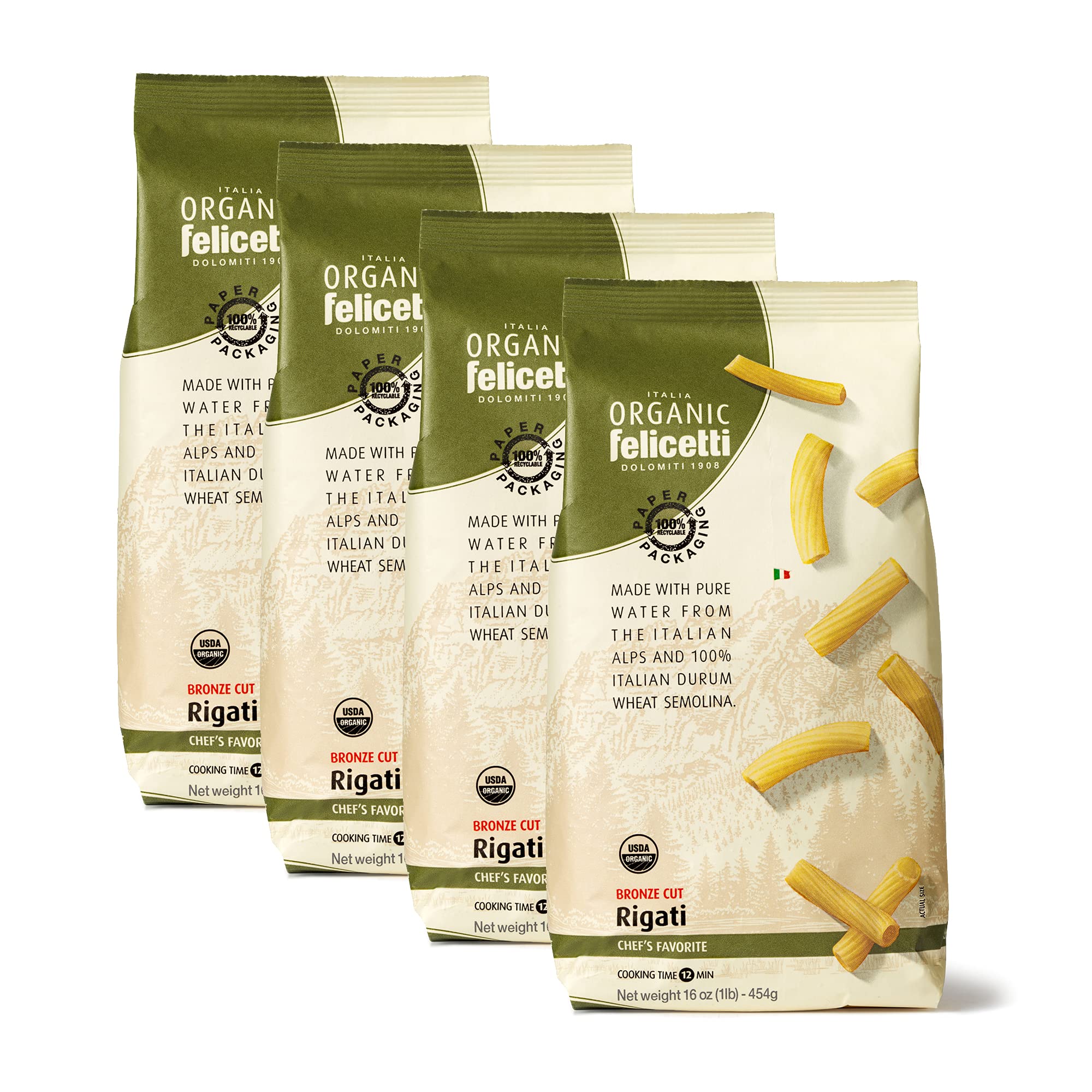 Organic Felicetti Rigati Pasta Italian Non-GMO 16oz (454g) 4 Pack