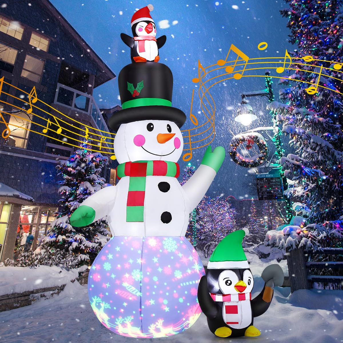 GOOSH Bonhomme de neige gonflable et pingouins de Noël de 2,1 m - Décoration extérieure - Bonhomme de neige souriant et pingouin mignon avec LED intégrées pour décoration intérieure, fête, jardin,