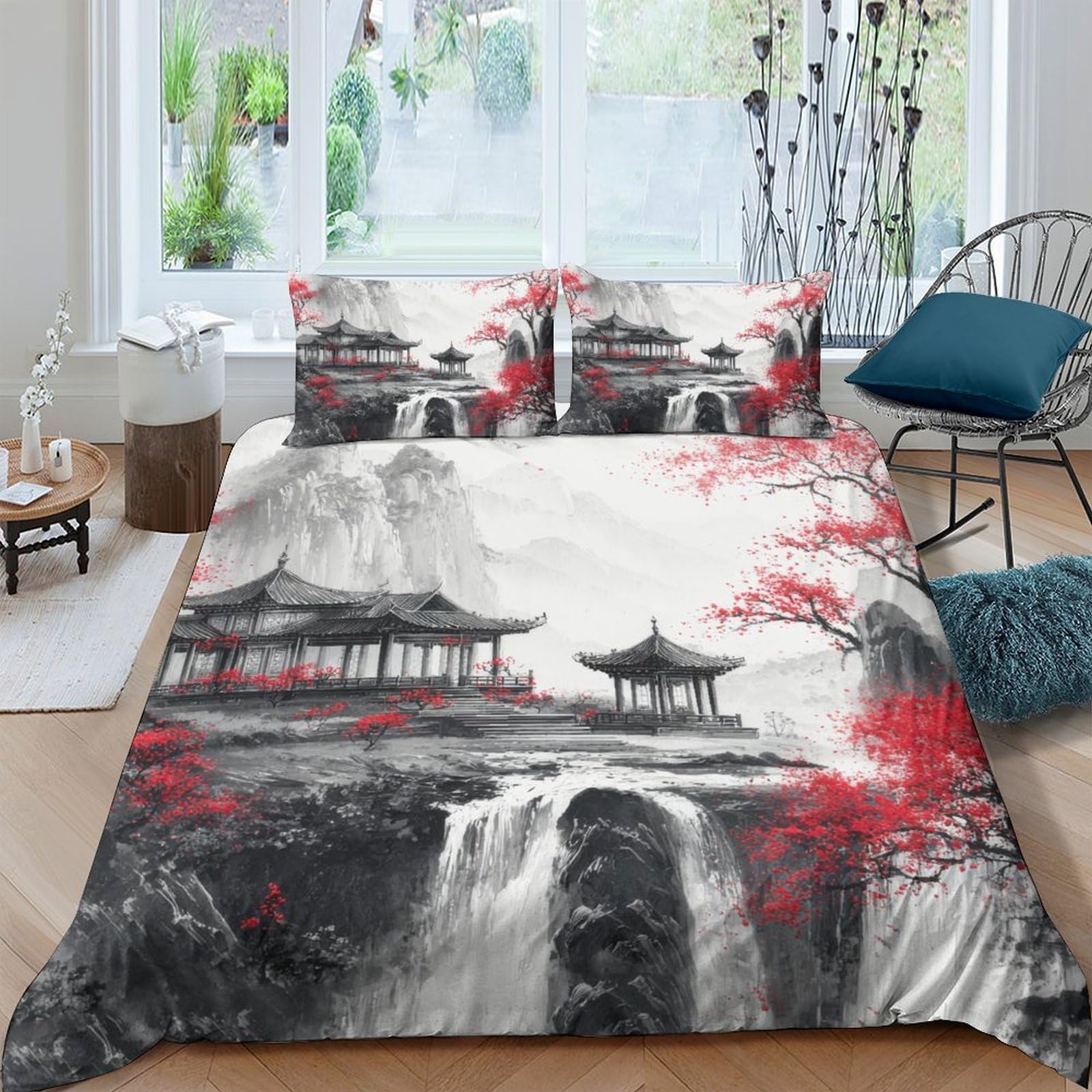 Ctjqhvkz Style-8 3D Printed Chinese Ink Landscape Fitted Sheet Microfiber Soft Waterfall Pagoda Bed Cover For Bedroom Guest Room Decor Single（135X200cm）