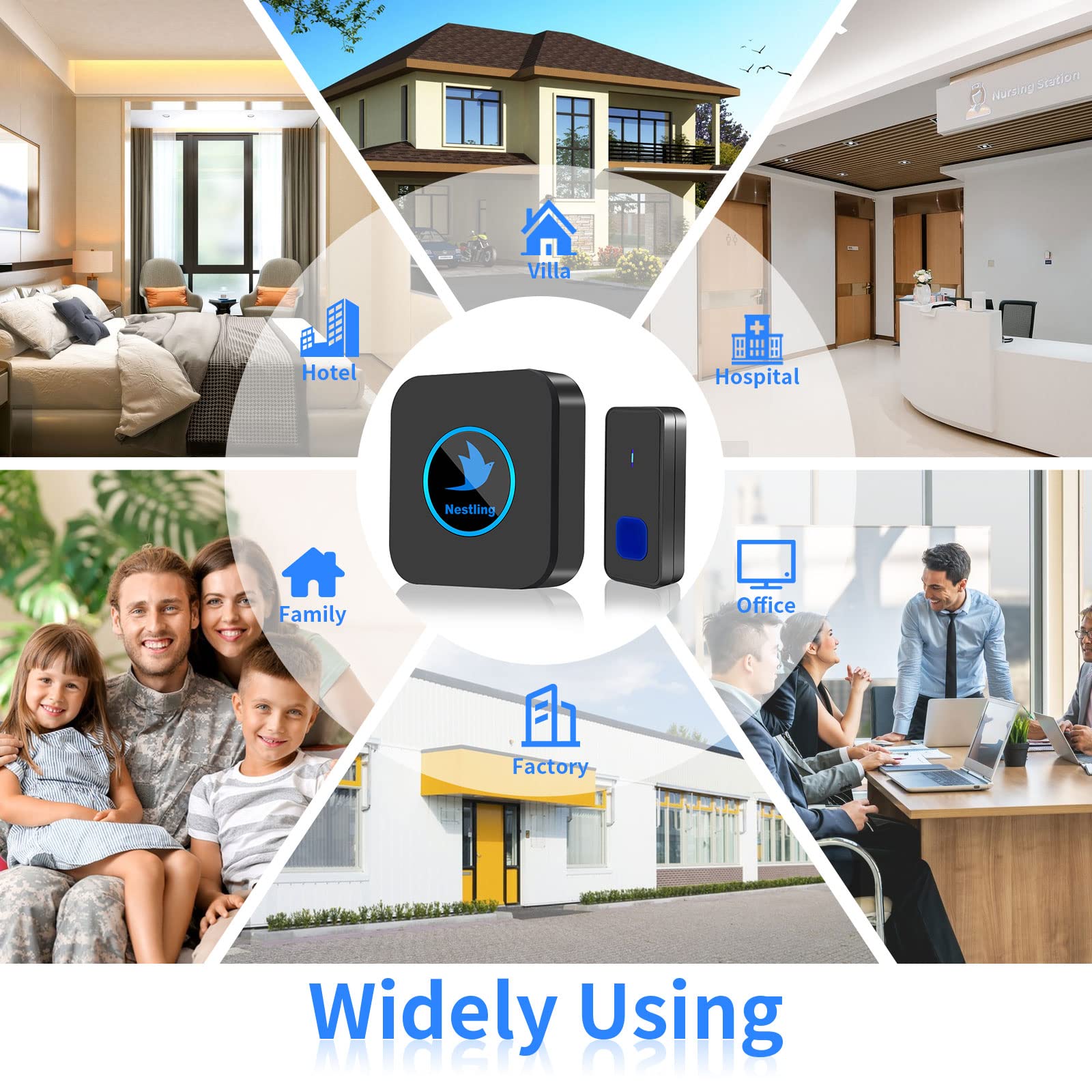 Timbre Inalámbrico Exterior Impermeable，Alcance 1000FT Impermeable IP55 Kit de Timbre Inalambrico, 55 Melodías en 5 Niveles de Volumen, Indicador LED para el Hogar Oficina Hotel de Emergencia, Negro