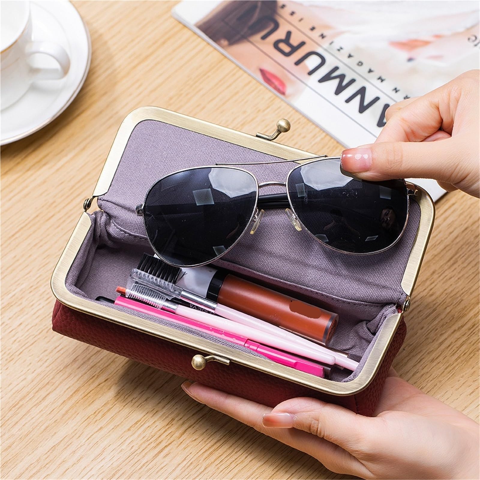 estuche para gafas, Estuche de piel for gafas, unisex, con clip, for guardar sol, lápices cejas y otros objetos