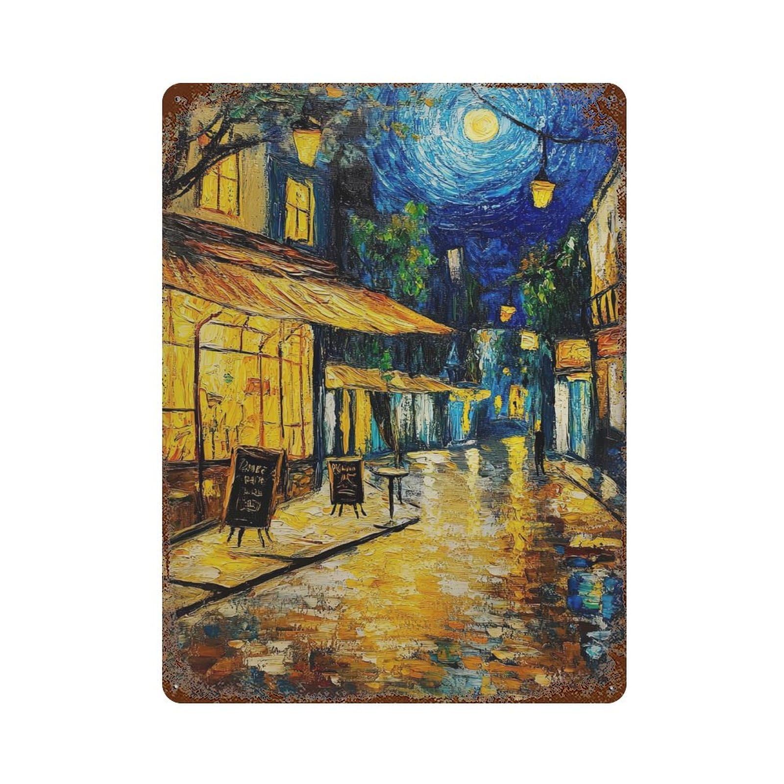 xiaoxiaoshen Van Gogh Style Impressionist Oil Painting Night Cafe Scene Wall Decor Art Metal Tin Poster Modern Home Decor Art Home Bar Shop Decorations Vintage Sign 40x30cm