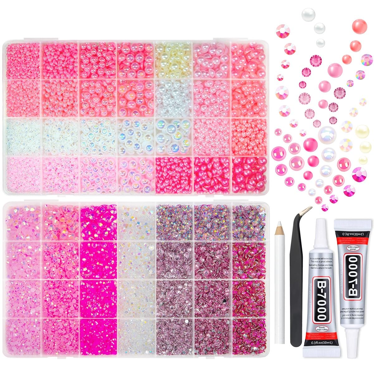 qiipii 2 Big Boxes Pink Resin Pearls and Rhinestones w B7000 Glue for Bedazzling Crafting Flatback Stones Gems Diamonds Half Pearls Bedazzler Kit for