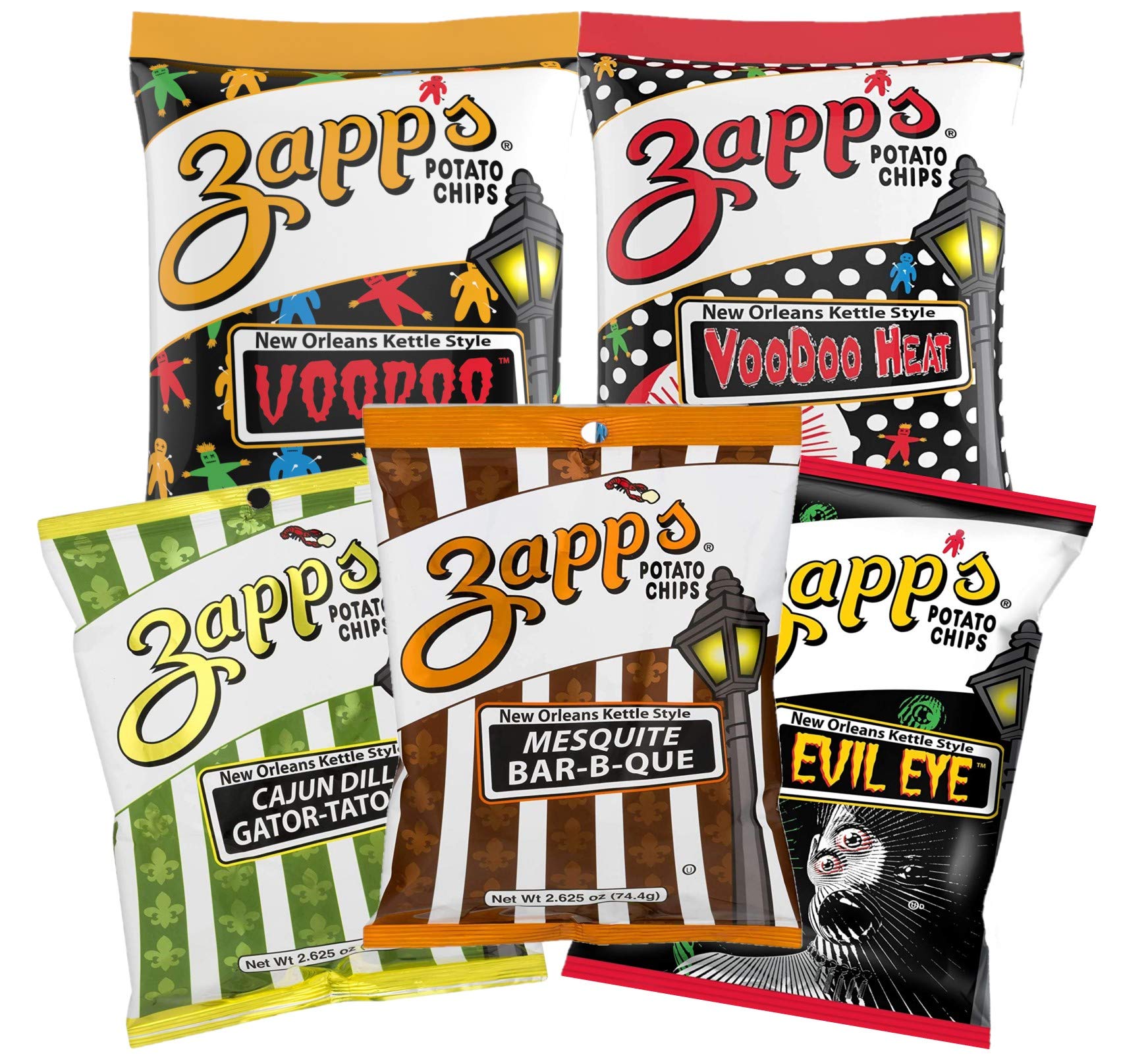 Potato Chips Variety Pack | Evil Eye, Voodoo, Voodoo Heat, Mesquite BBQ, Cajun Dill Gatortator, 2.5 oz Hungry Sized Bags | 5-Pack