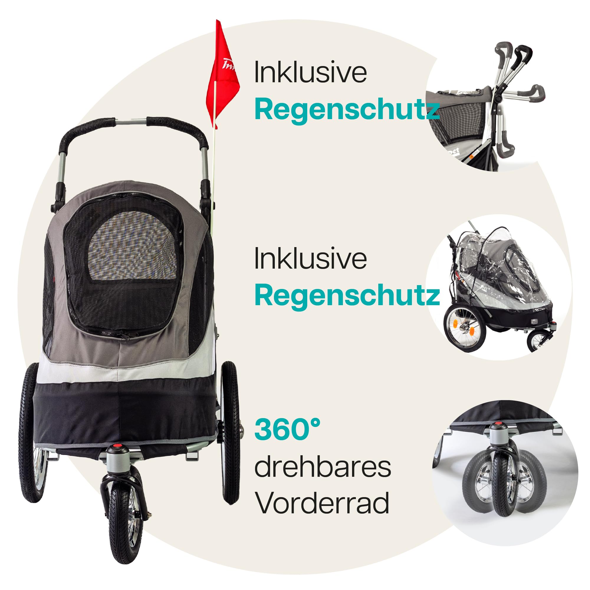 Hundeanhänger Fahrrad & Hundebuggy InnoPet Sporty Trailer Deluxe - 2 in 1 Fahrradanhänger für Hunde - Schwarz/Silber - mit Regenschutz, Deichsel & Fahrradkit, Faltbarer Hundewagen