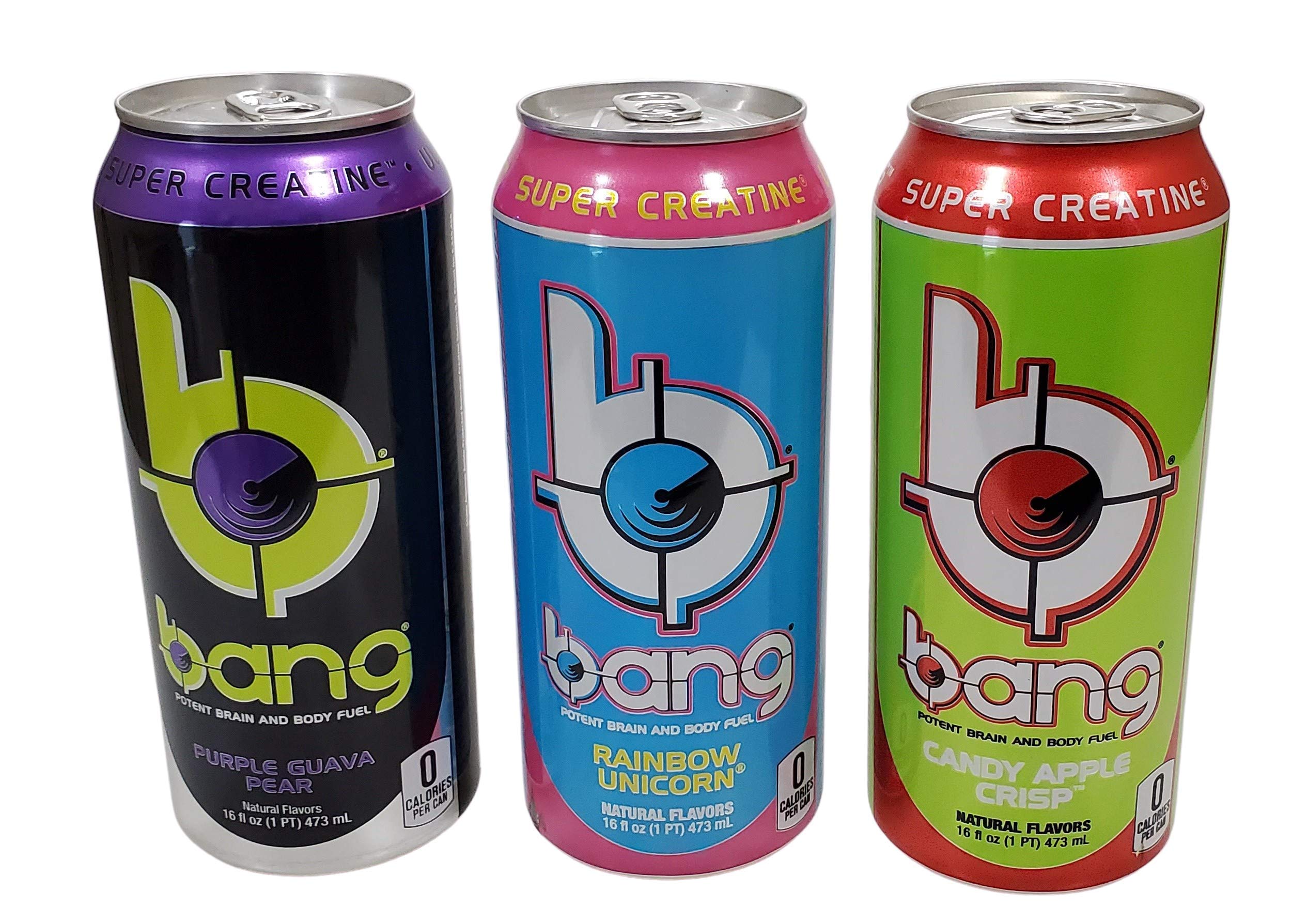 Bang Energy 3 Flavor Variety Packs 12 Cans (Rainbow Unicorn Candy Apple Crisp Purple Guava)