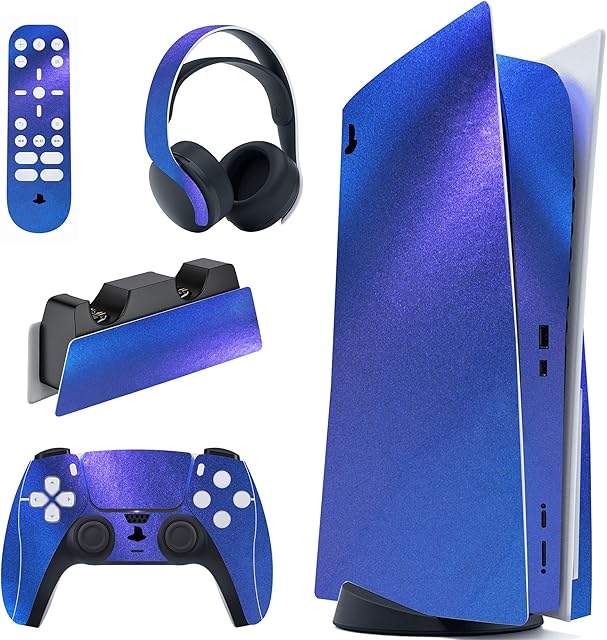 playvital Chrome Purple Blue Glossy Full Set Skin Decal for ps5 Console Disc Edition, Sticker for ps5 Vinyl Decal Cover for ps5 Controller & Charging Station & Headset & Media Remote
