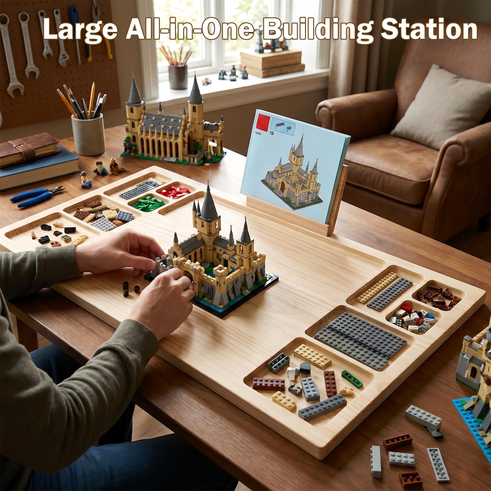 Grande vassoio da costruzione per LEGO, tavolo da costruzione in legno extra large, piastra da costruzione all-in-one con giradischi Lazy Susan