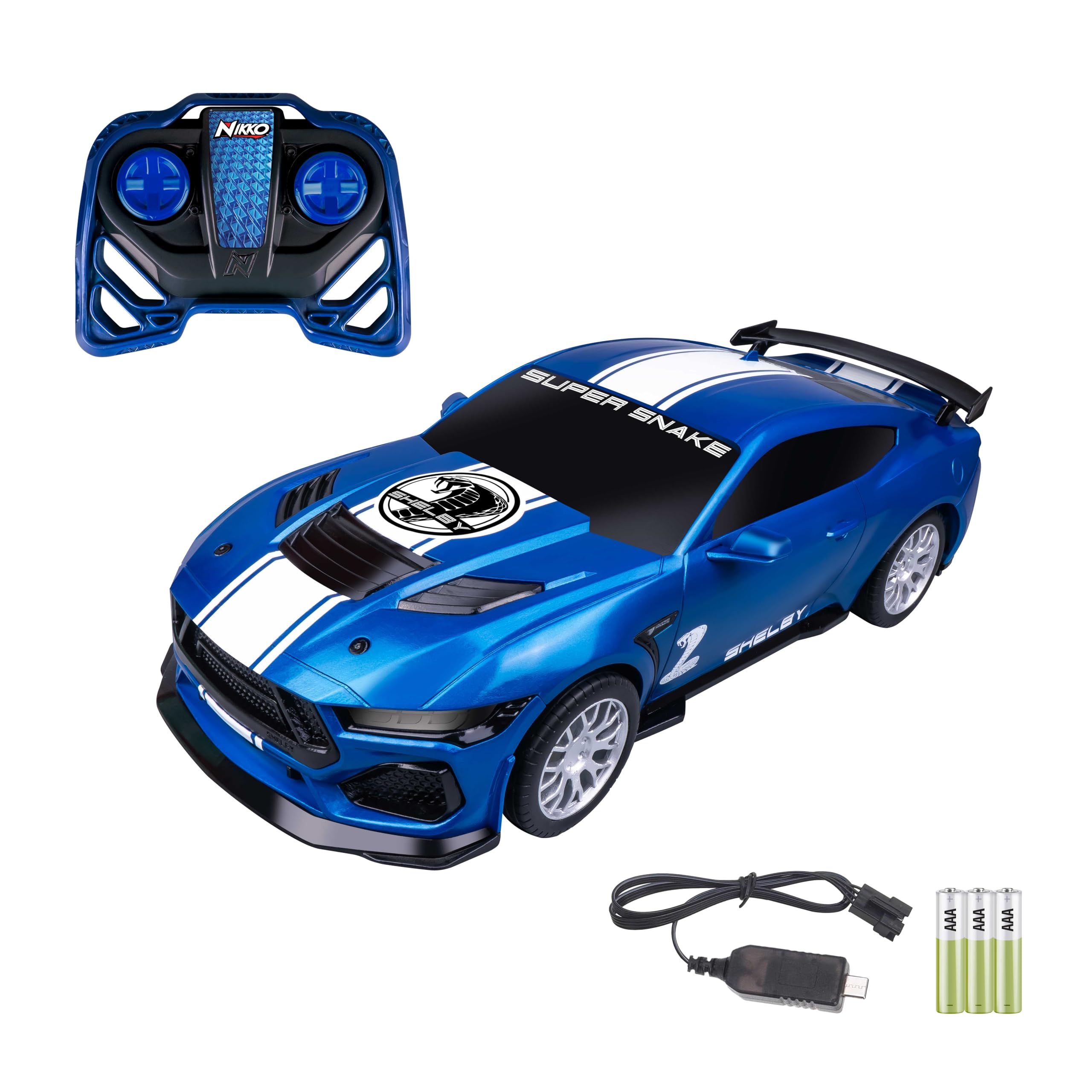 Nikko - Shelby Super Snake RC blau 1:10 – Ferngesteuertes Auto amerikanischer Sport – Geschwindigkeit 17 km/h – wiederaufladbar USB-C – ab 6 Jahren – 10761