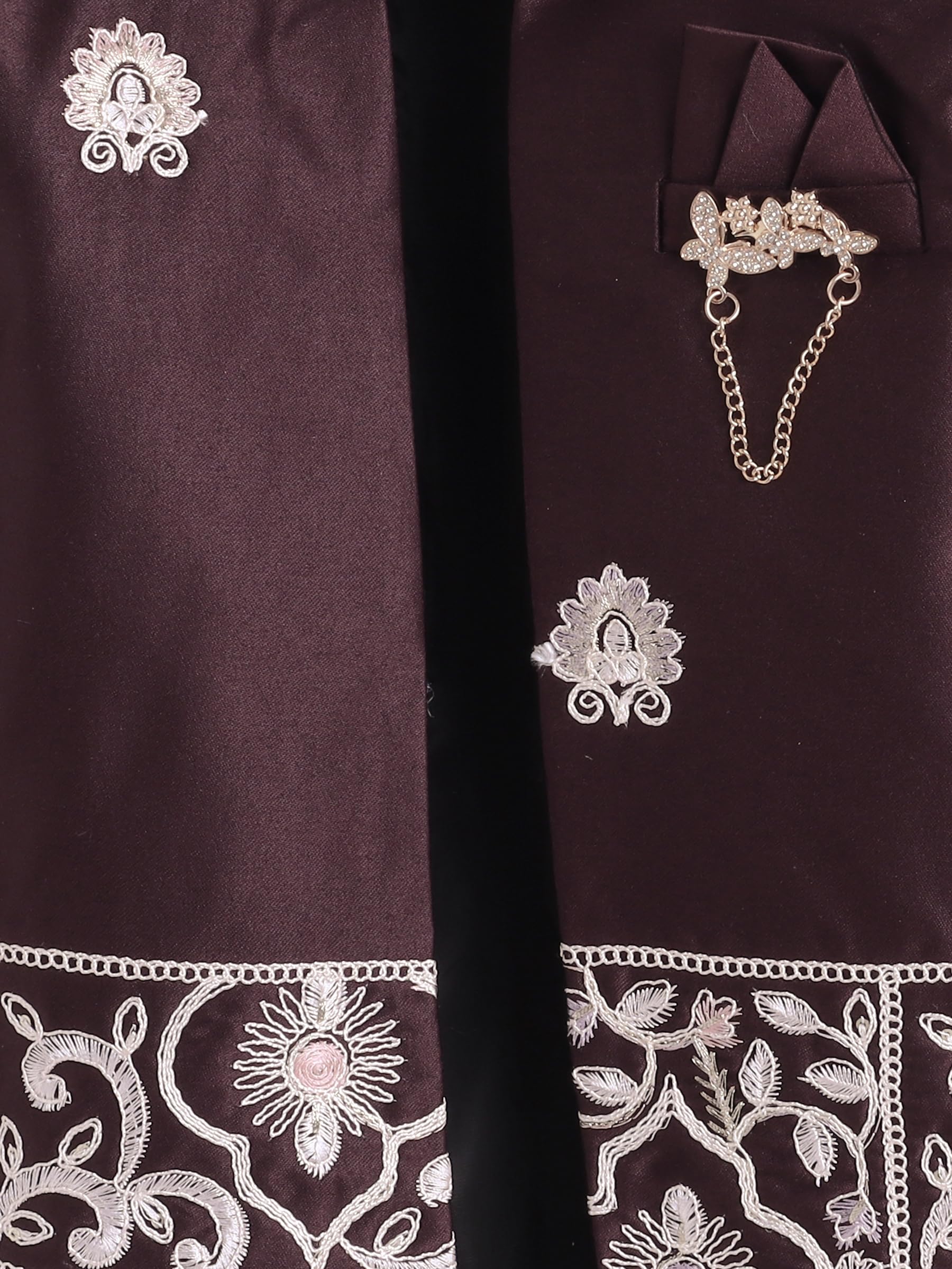 FOURFOLDS Boys Embroidered Sherwani & Trouser Set With Shrug- Wine 3