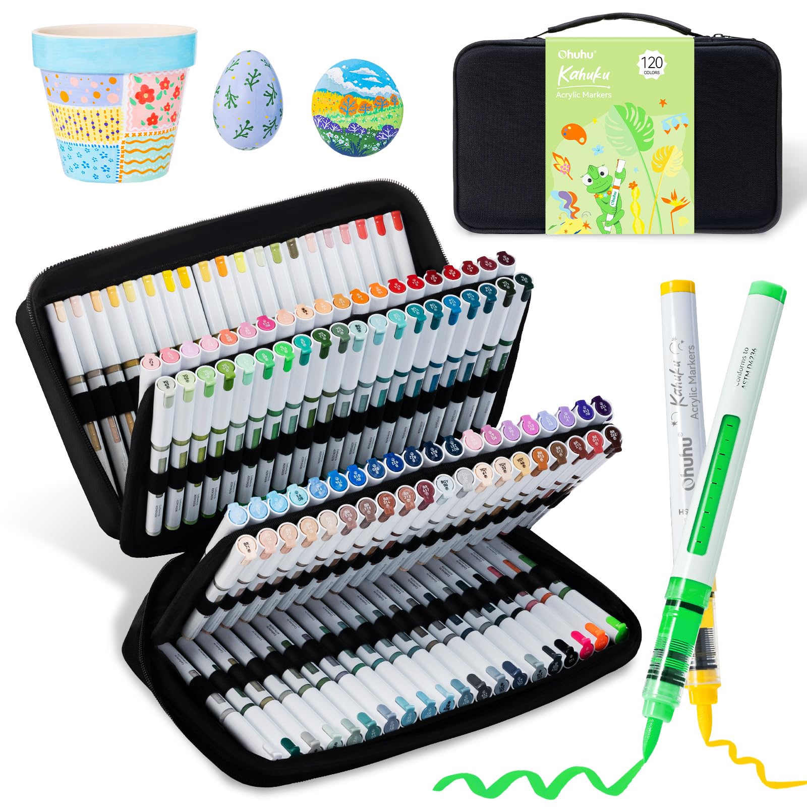Ohuhu Acrylstifte mit Pinselspitze – Auto-Tintenregulierung, Hochdeckende Acrylic Markers, Wasserfest & Lichtecht für Steinmalerei 3D-Drucke Ostereier Holz DIY-Bastelarbeiten – Kahuku