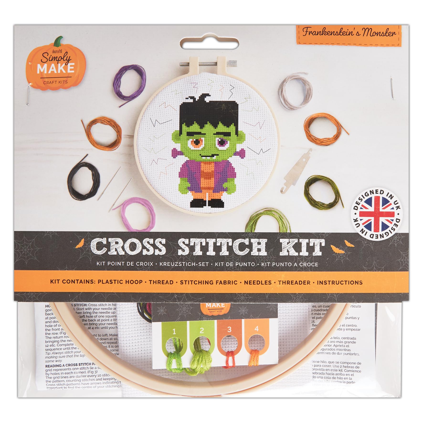 Simply MAKE Cross Stitch Kit Frankenstein's Monster Halloween, Hoop, Embroidery Thread, Fabric and Needle